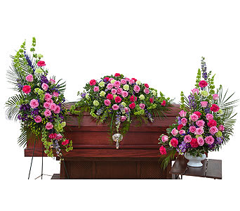 Forever Cherished Trio - Forever Cherished Trio includes a casket spray, standing easel spray and crescent urn arrangement. As Shown : TMF-775
