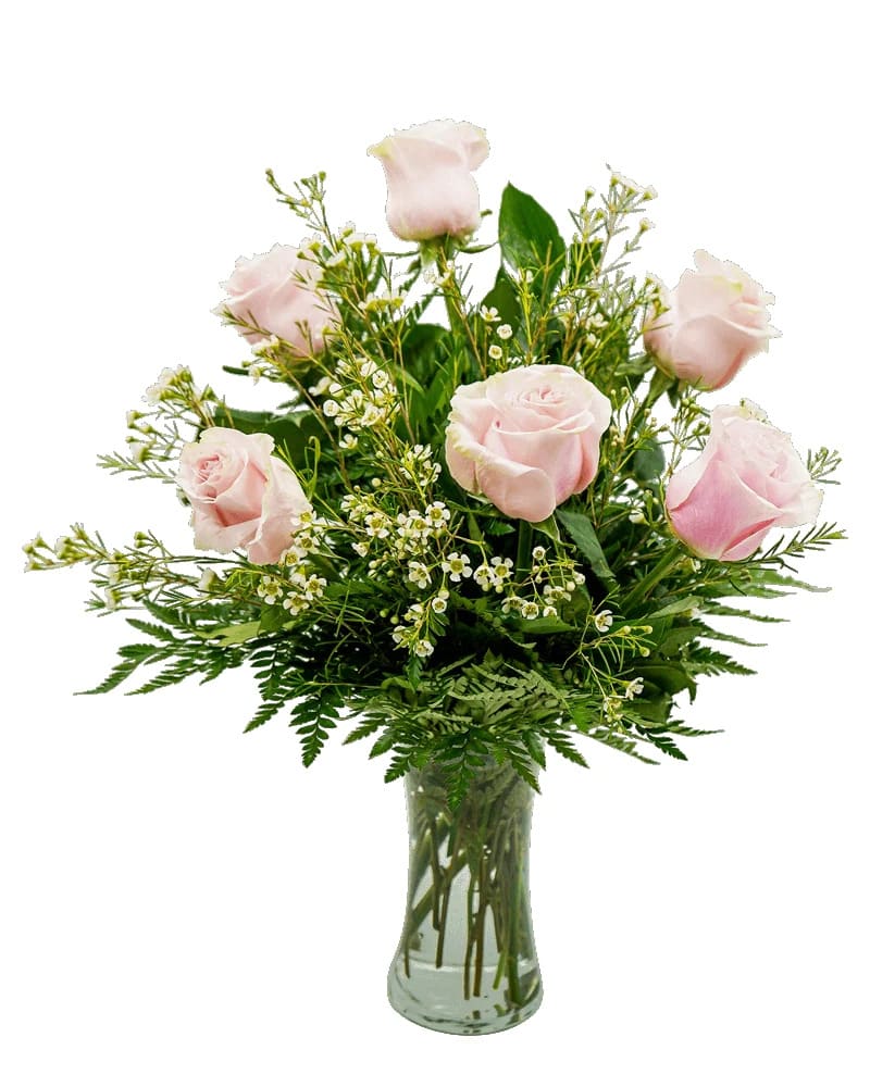 Pink roses in a glass vase with small white filler flowers