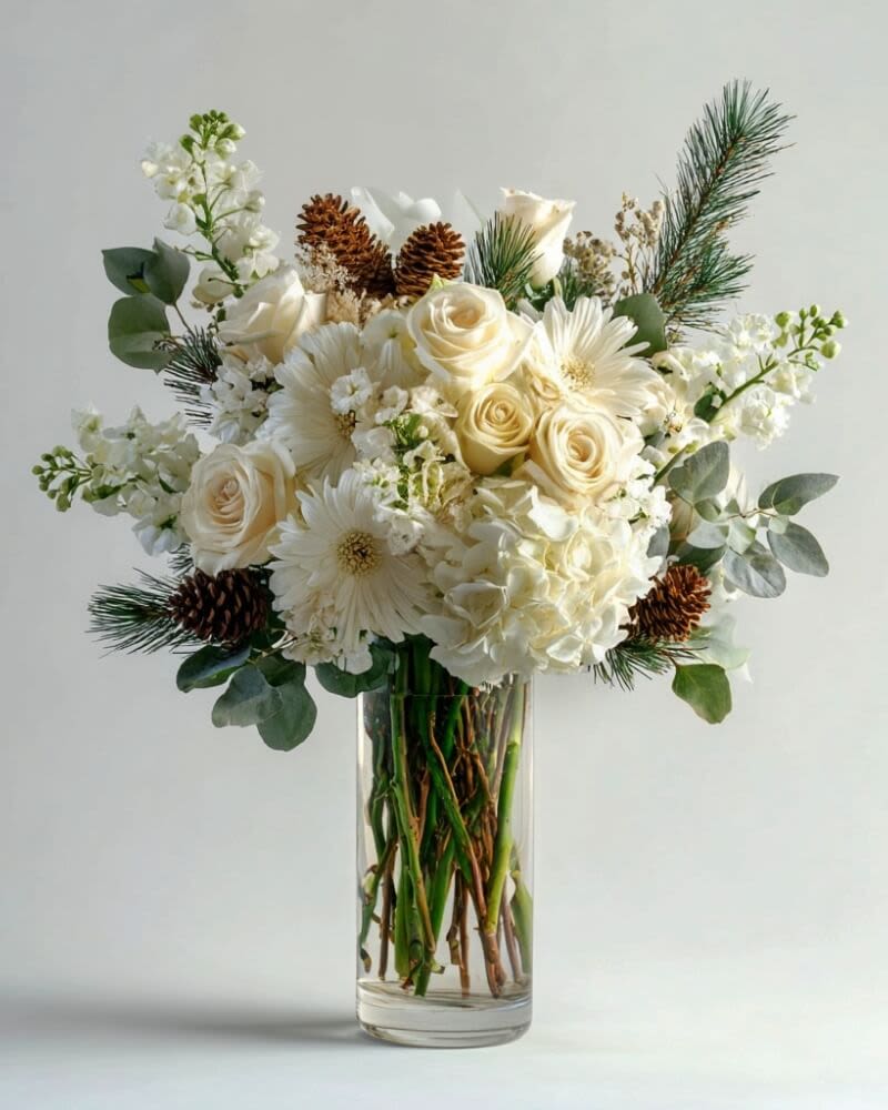 White roses and daisies arranged in a clear glass vase with pinecones and pine sprigs