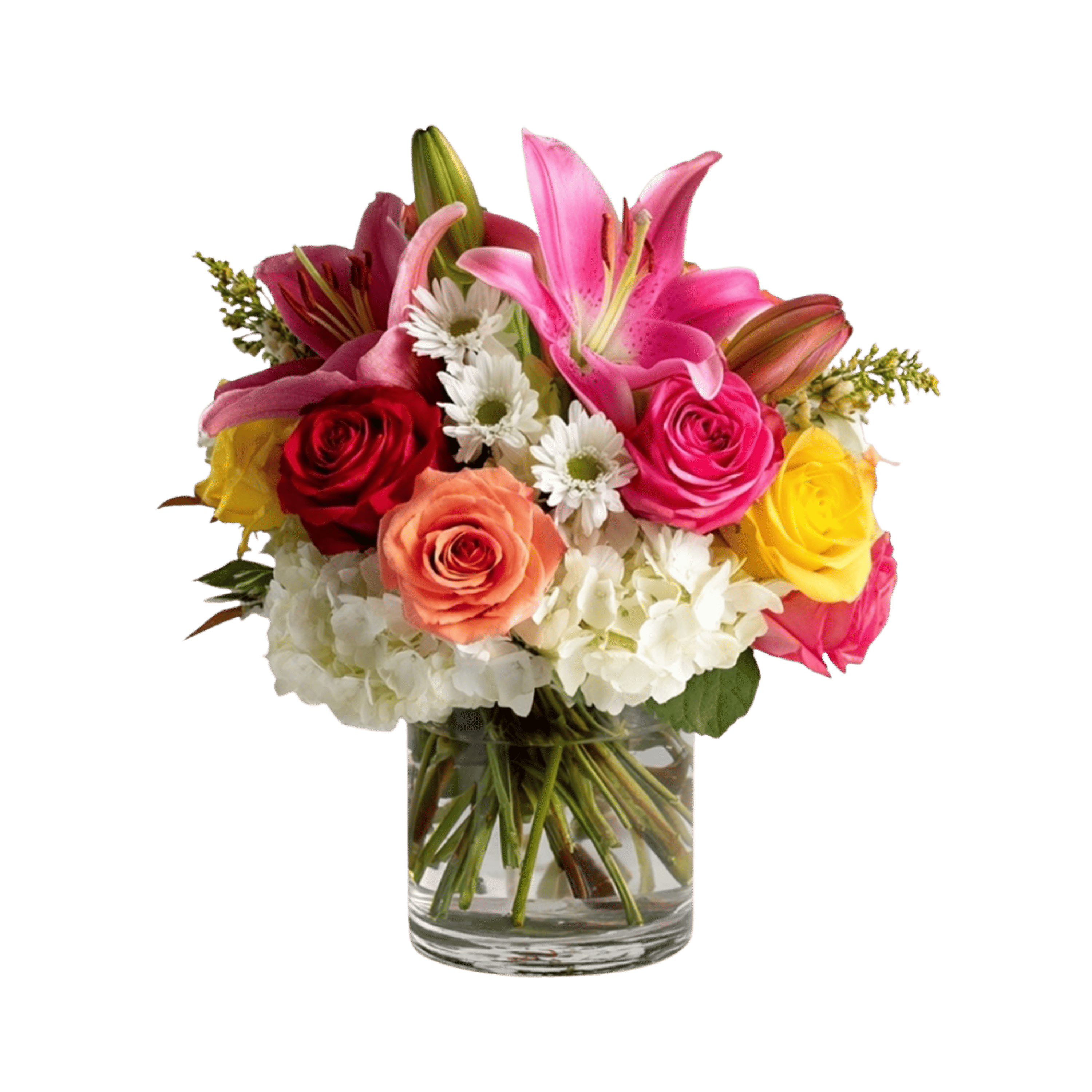 Mixed bouquet of roses, lilies, daisies, and hydrangeas in a glass vase
