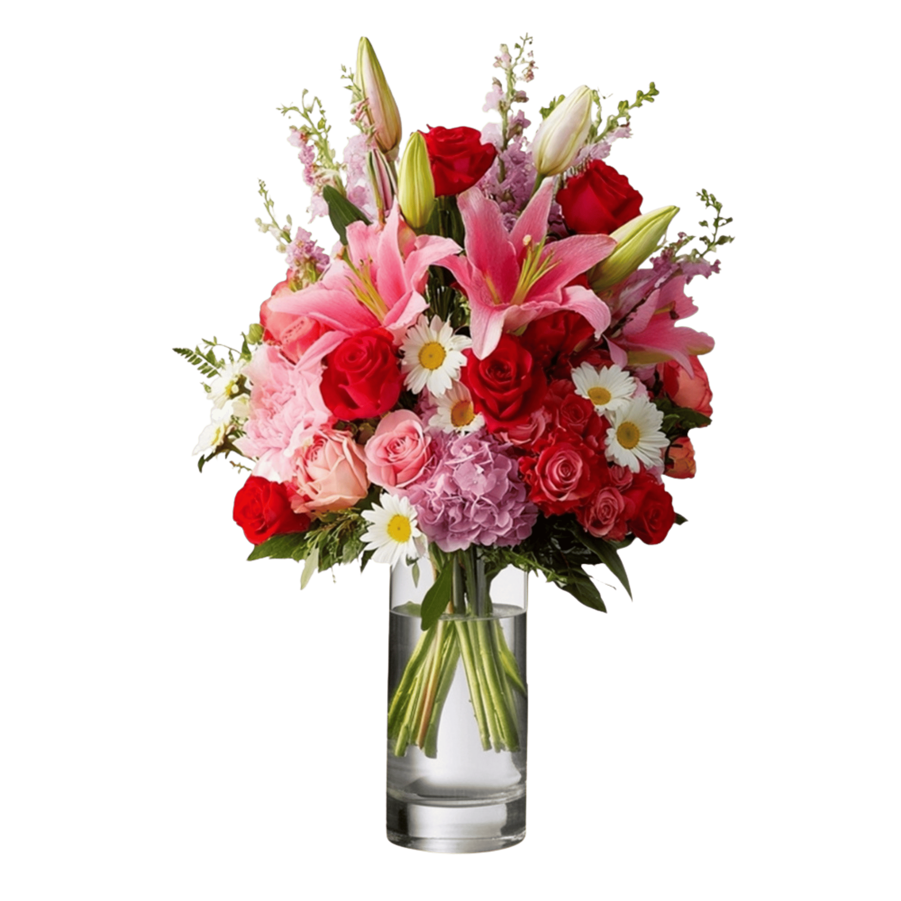 Mixed bouquet of pink lilies, red roses, and daisies in a clear glass vase
