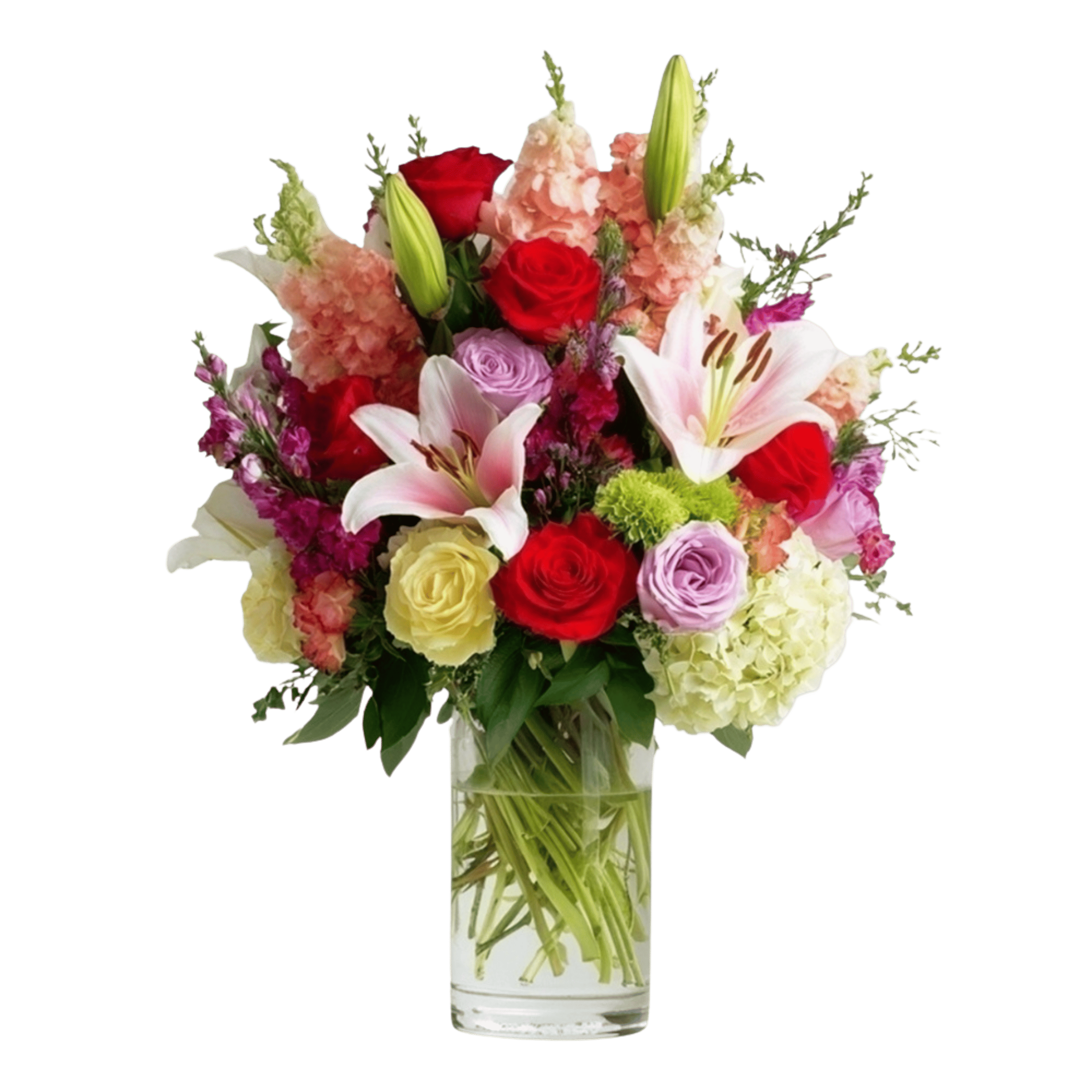 Sweetheart Symphony - A grand and colorful expression of love, this bouquet harmonizes rich reds, soft pastels, and fresh spring hues. From classic roses to striking lilies and playful textures, it’s the perfect Valentine’s gesture to make their heart sing.