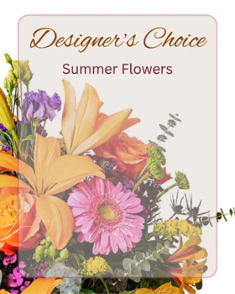 Designer’s Choice summer flowers with mixed blooms in orange, pink, and purple