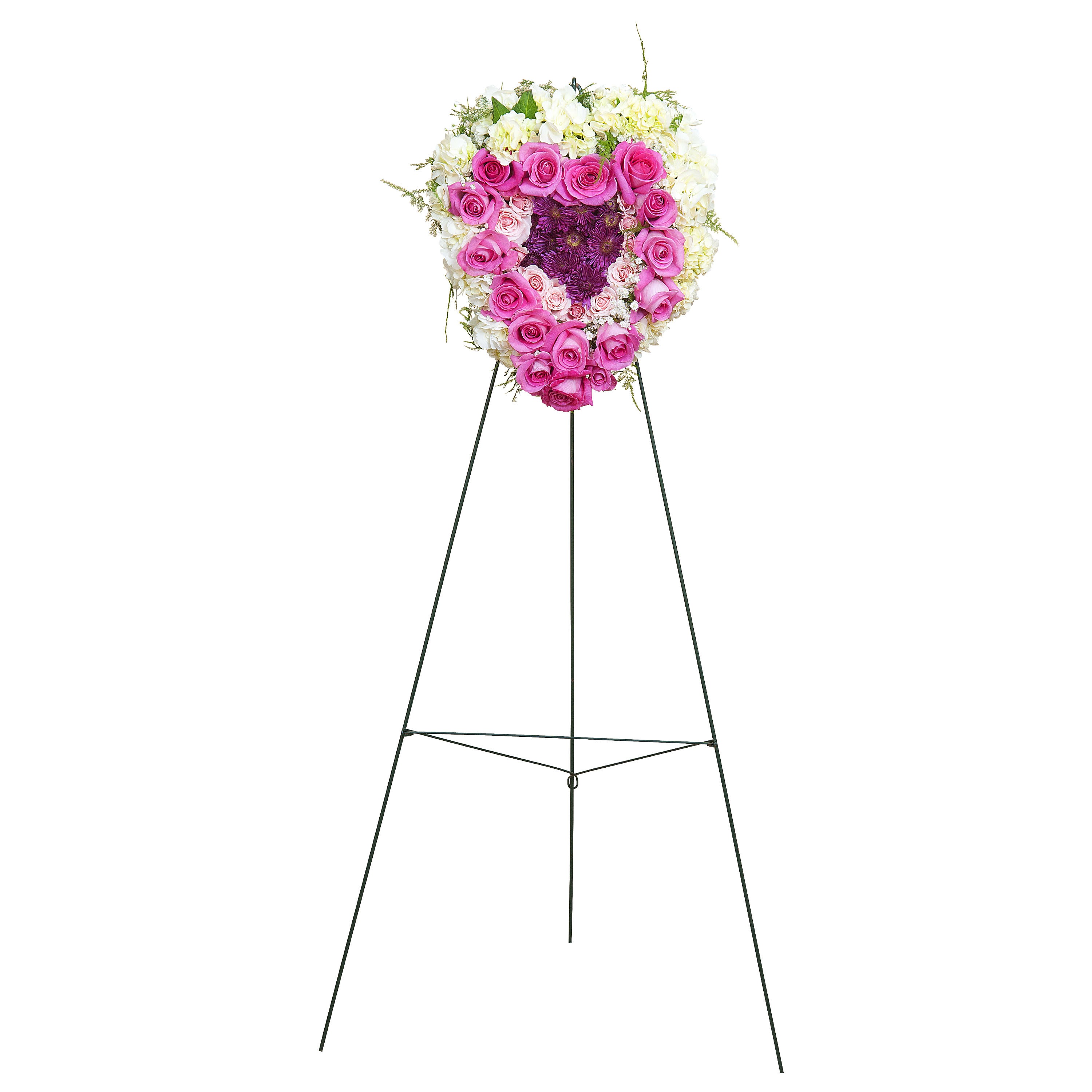 Peaceful Pink Standing Heart  - Pink, white, and lavender flowers in the shape of a heart to show your love.	Approximately 13" wide by 13" high
