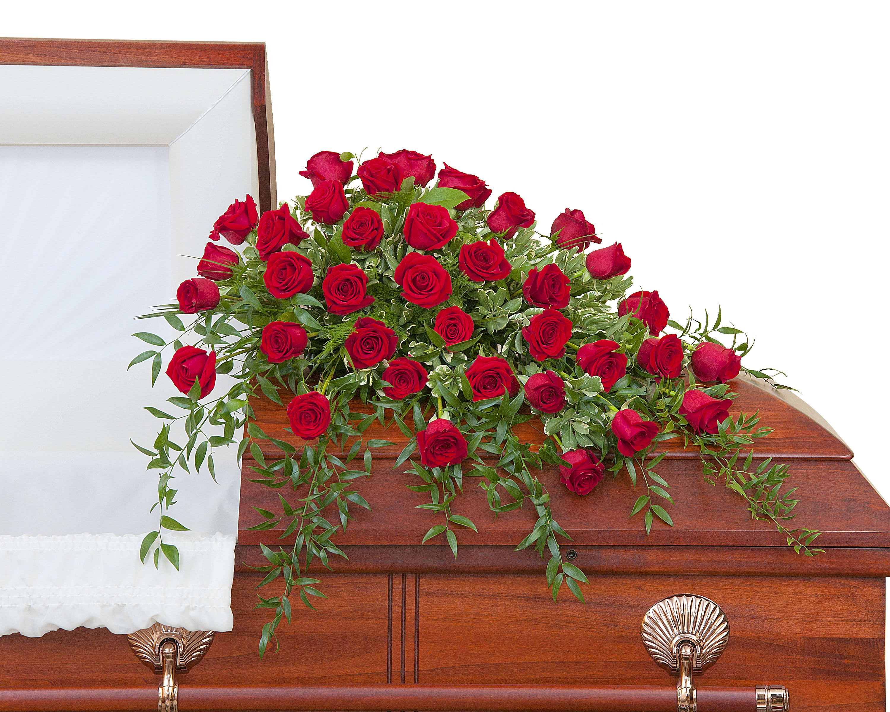 Simply Roses Deluxe Casket Spray - Three dozen Roses with premium foliage in a casket spray.	Approximately 32" wide 38" deep