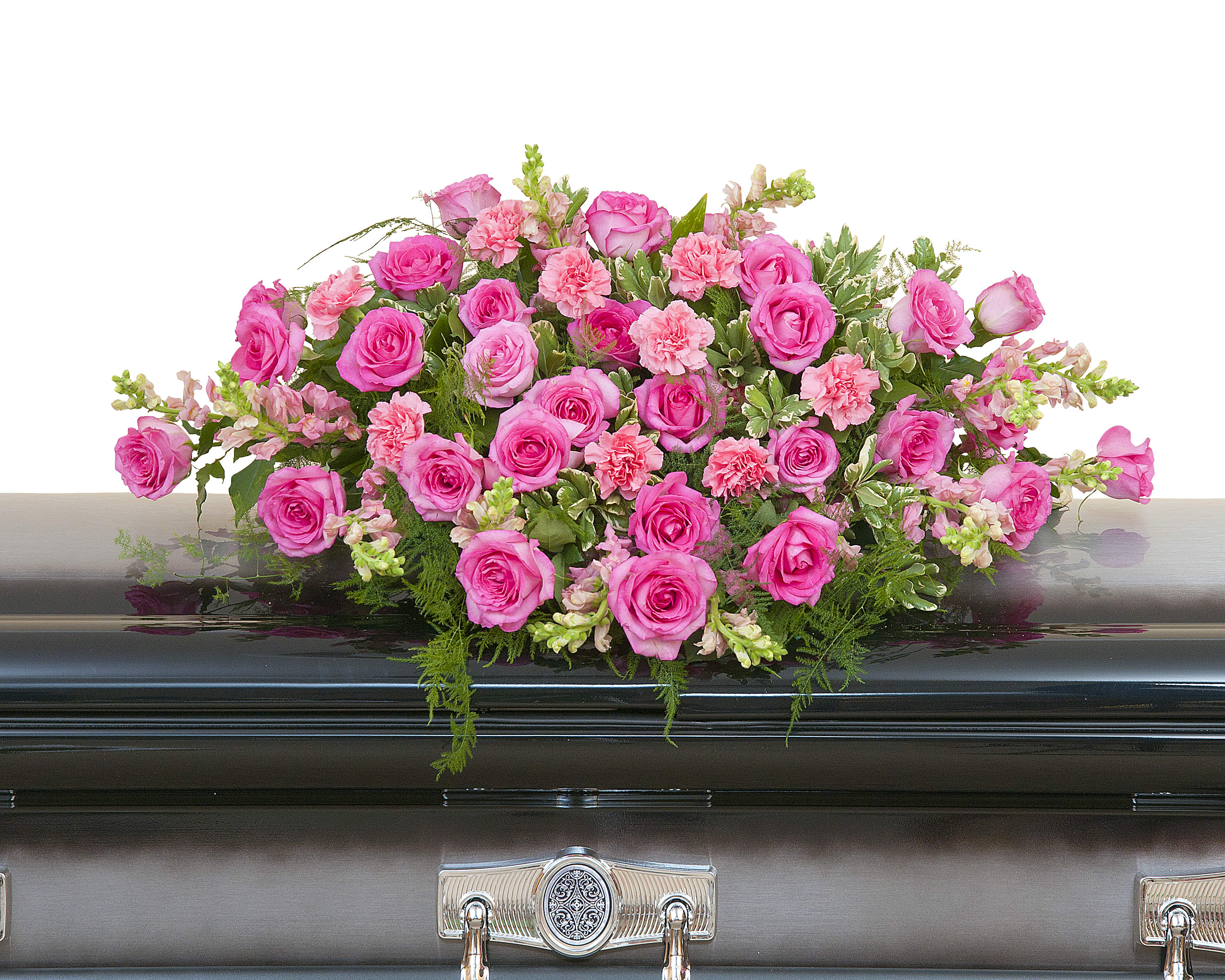 Peaceful Pink Casket Spray - Pink Roses, Carnations, Snapdragons are combined with premium foliage in this casket spray.	Approximately 32" wide 24" deep