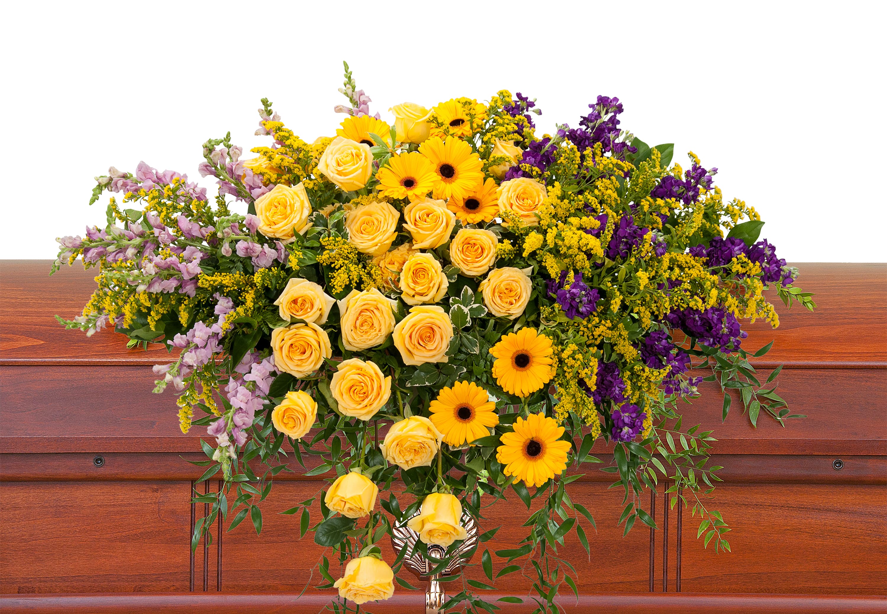 Vivid Memories Casket Spray - Bright, vivid yellow and purple flowers create a memorable casket spray.	Approximately 44" wide 36" deep