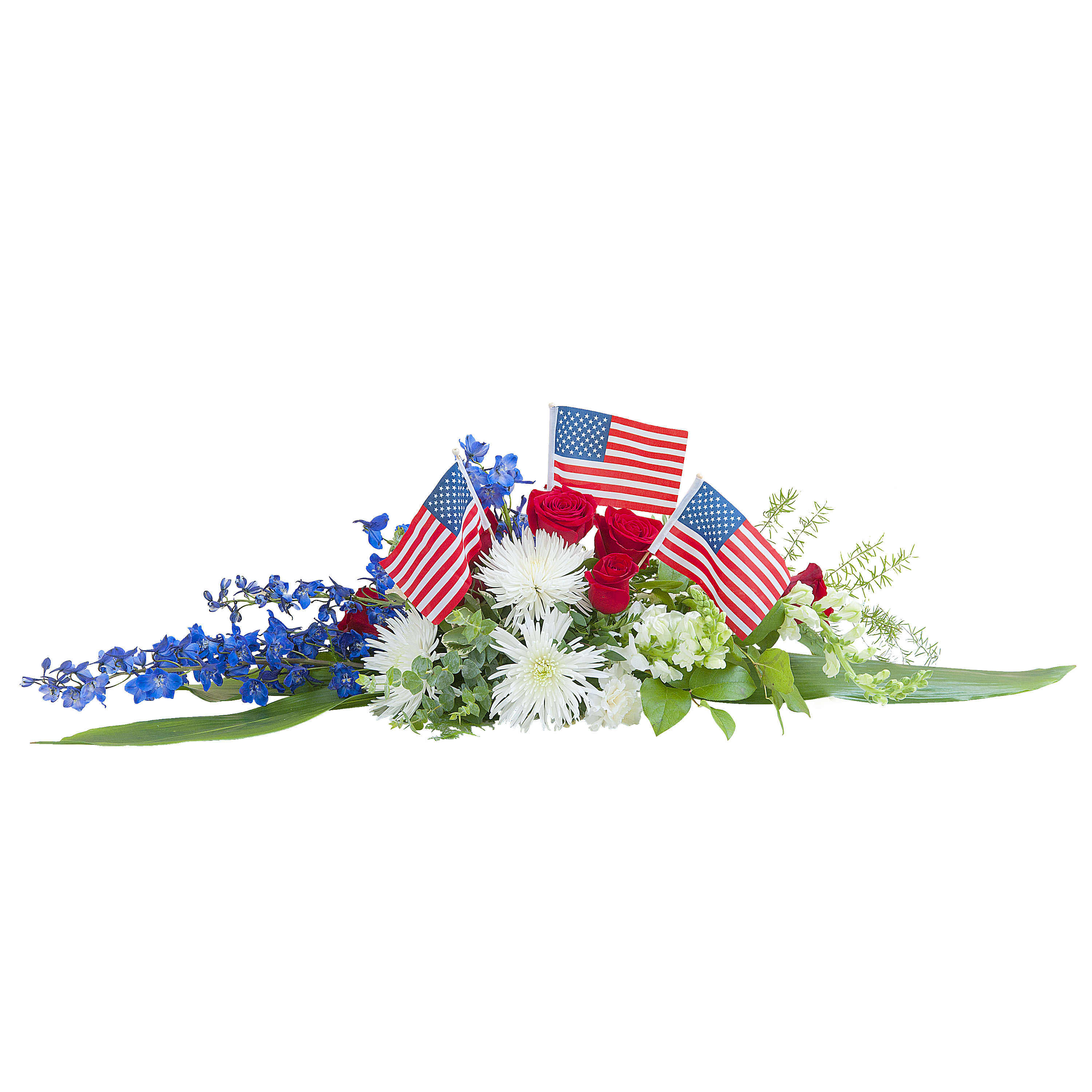 Honor and Glory Centerpiece - Red, white, and blue centerpiece with flags. Approximately 12" wide by 24" long