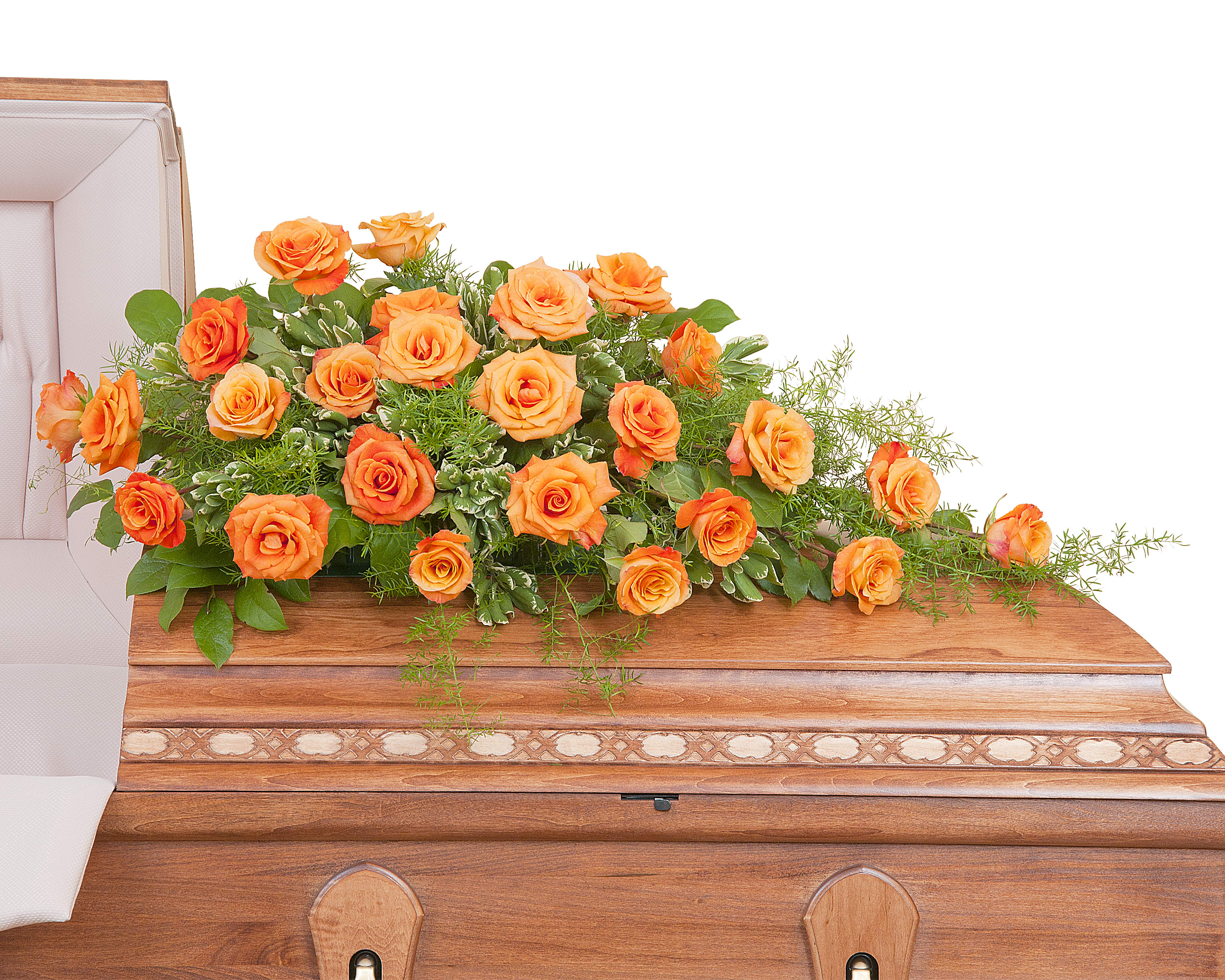 Orange Rose Casket Spray - Orange Roses and select foliage make up this beautiful casket spray. Approximately 24" wide 16" deep