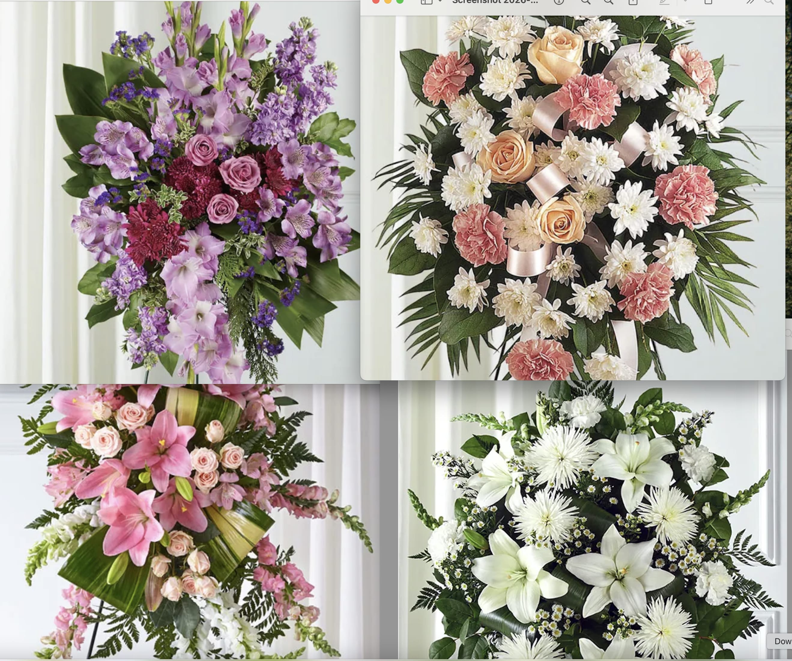 Collage of four floral standing sprays in pink, purple, peach, and white