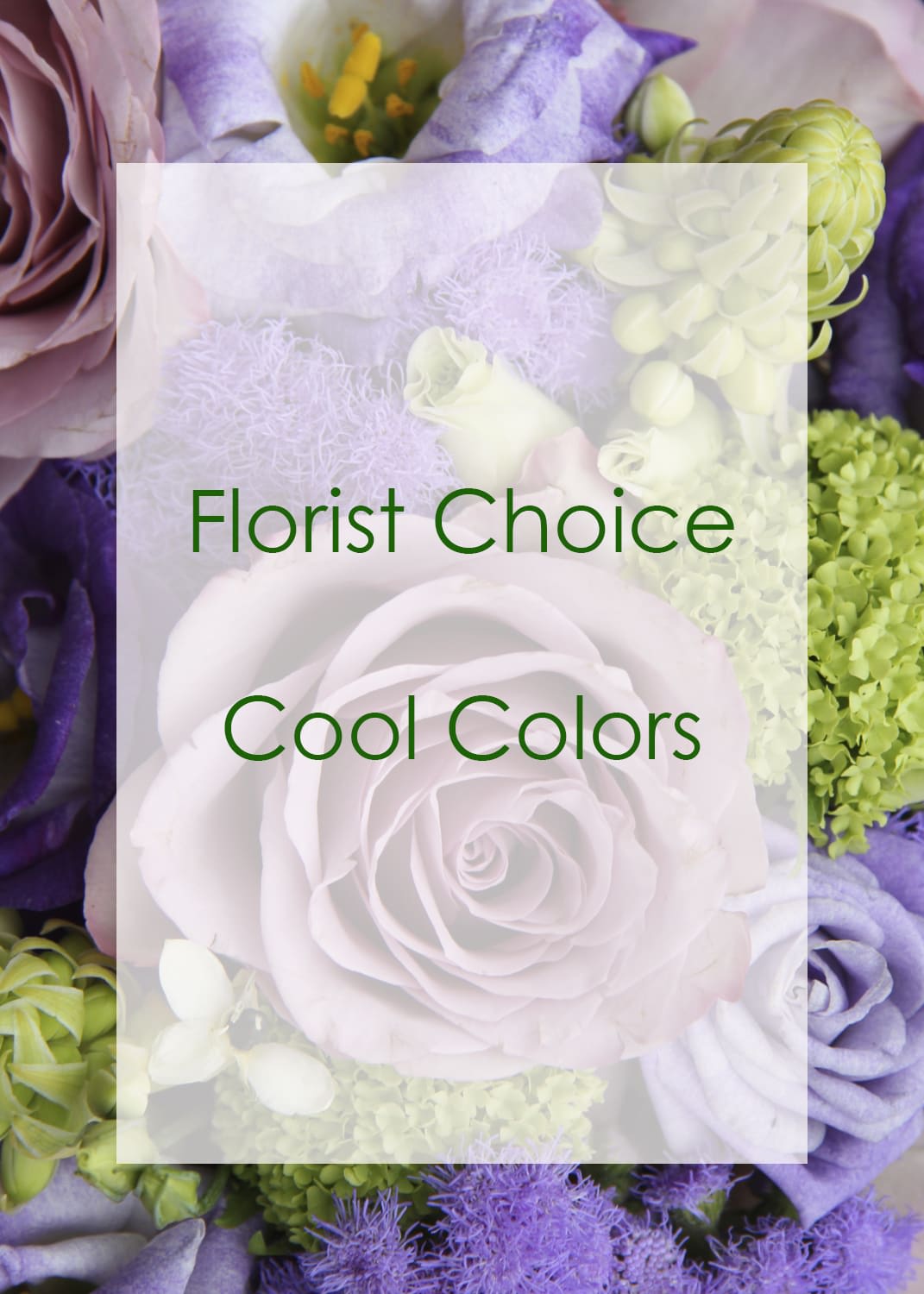 Cool-toned floral arrangement with white roses and purple blooms