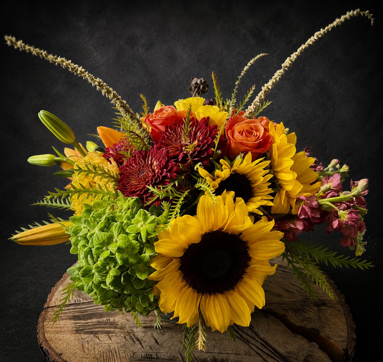 Sunshine On My Shoulders - Sunshine On My Shoulders brings a burst of warm, rustic cheer-perfect as a birthday bouquet, a get well pick-me-up, or an anniversary gift that feels joyful and genuine. This flower arrangement pairs bold yellow sunflowers and yellow lilies with orange roses, red chrysanthemums, and a vivid green hydrangea cluster to create a lively, textured composition that reads like early autumn sunshine. It's the kind of arrangement that makes the person you're thinking of feel seen and celebrated.  The design sits low and full with airy branching accents and long lily buds that add movement and a slightly wild, horizontal silhouette. Tulips, stock, alstroemeria and other seasonal blooms mingle through the mix for layered color and texture-glossy rose petals against the round, dense hydrangea and the cheery faces of sunflowers. Ideal for spring or summer refreshment or a fall celebration, it also works beautifully for Mother's Day, Thank You or "just because" moments. Order by size to suit your setting; the compact, full shape makes it an easy centerpiece or a bright bedside pick-me-up with straightforward care: keep stems trimmed, change the water regularly, and display away from direct heat for longest freshness.