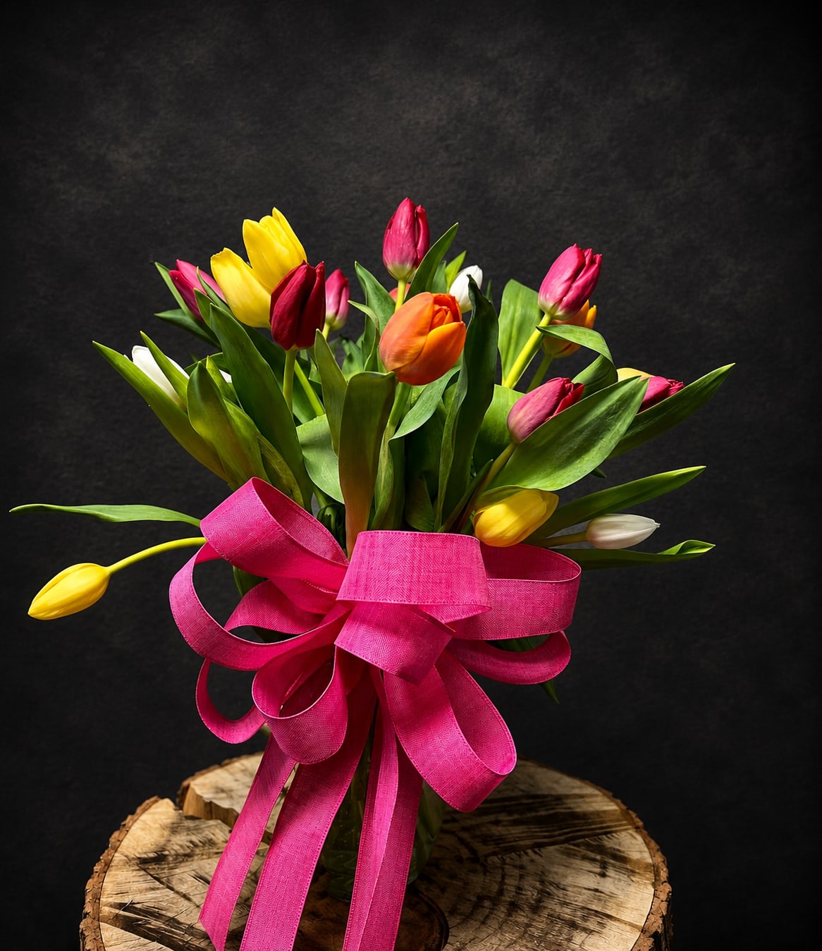Tiptoe Through The Tulips - A bright cluster of tulips that reads like a springtime celebration-Tiptoe Through The Tulips is a tulip arrangement perfect for an anniversary, birthday, or a cheerful "just because" surprise. The mix of pink, yellow, orange, red and white tulips reaches outward in a lively, fresh composition so the person you're thinking of will feel noticed and genuinely celebrated the moment they see it.  Tight at the base and airy at the tops, the stems are gathered and finished with a vivid pink ribbon bow that gives the bouquet a festive, gift-like presentation. The palette feels joyful and modern, with smooth tulip petals and varied heights that add movement and texture. Presented in a simple vase, this arrangement suits thank-you gestures, get-well wishes, thinking-of-you moments, Mother's Day or Women's Day celebrations, and congratulations for promotions or special milestones.  This bouquet is designed to brighten a bedside table, desk, or dining table and makes an effortless pick for Boss's Day or Admin Professionals' Week when you want a polished, upbeat gift. For longest enjoyment, trim stems and refresh vase water every couple of days-ordering is simple and the finished ribbon-wrapped look arrives ready to give.
