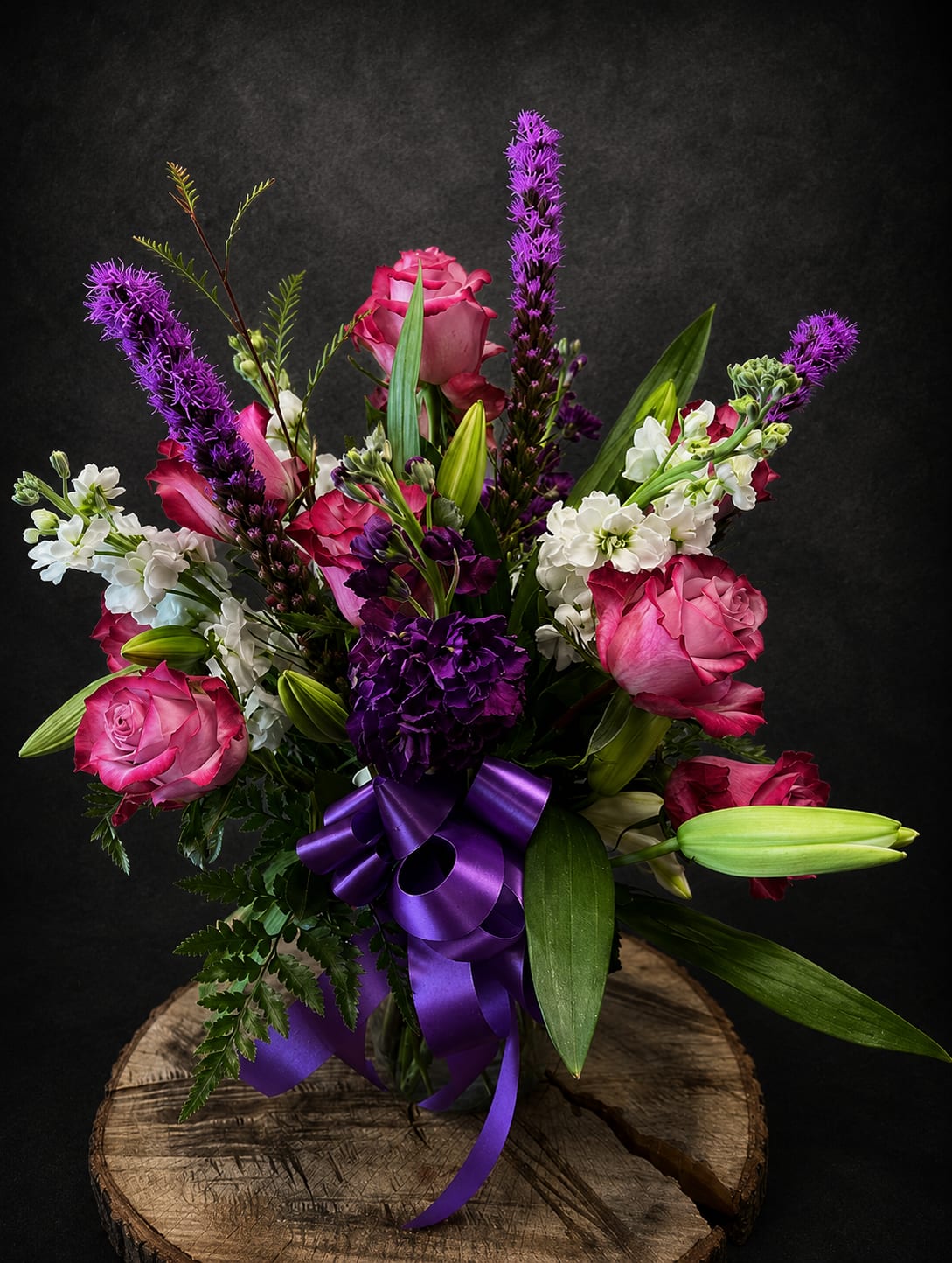 Purple Surprise - Purple flowers arranged intricately for the lover of purple.  Pops of pink  flowers are added for blending.