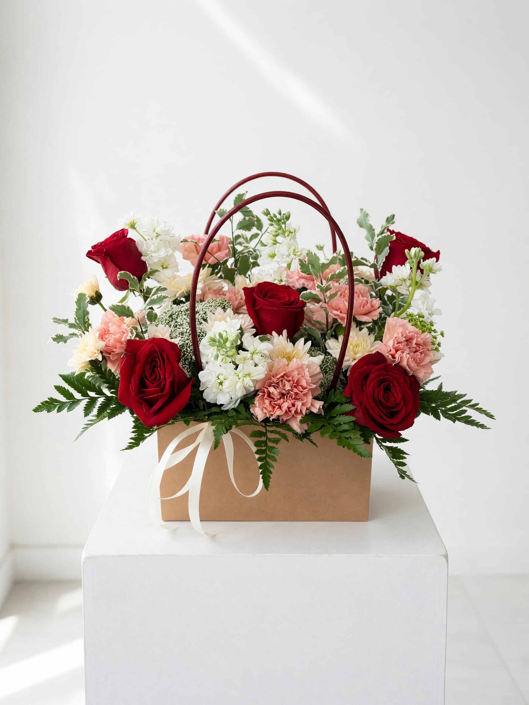 Basket arrangement of red roses, pink carnations, and white flowers with ribbon handles