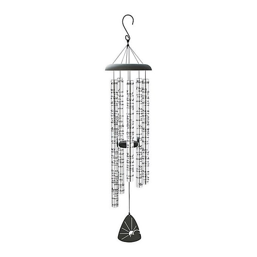 Black and silver wind chime with hanging tubes and a bell-shaped clapper.