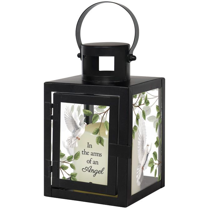 Black memorial lantern with angel artwork and the words "In the arms of an Angel"