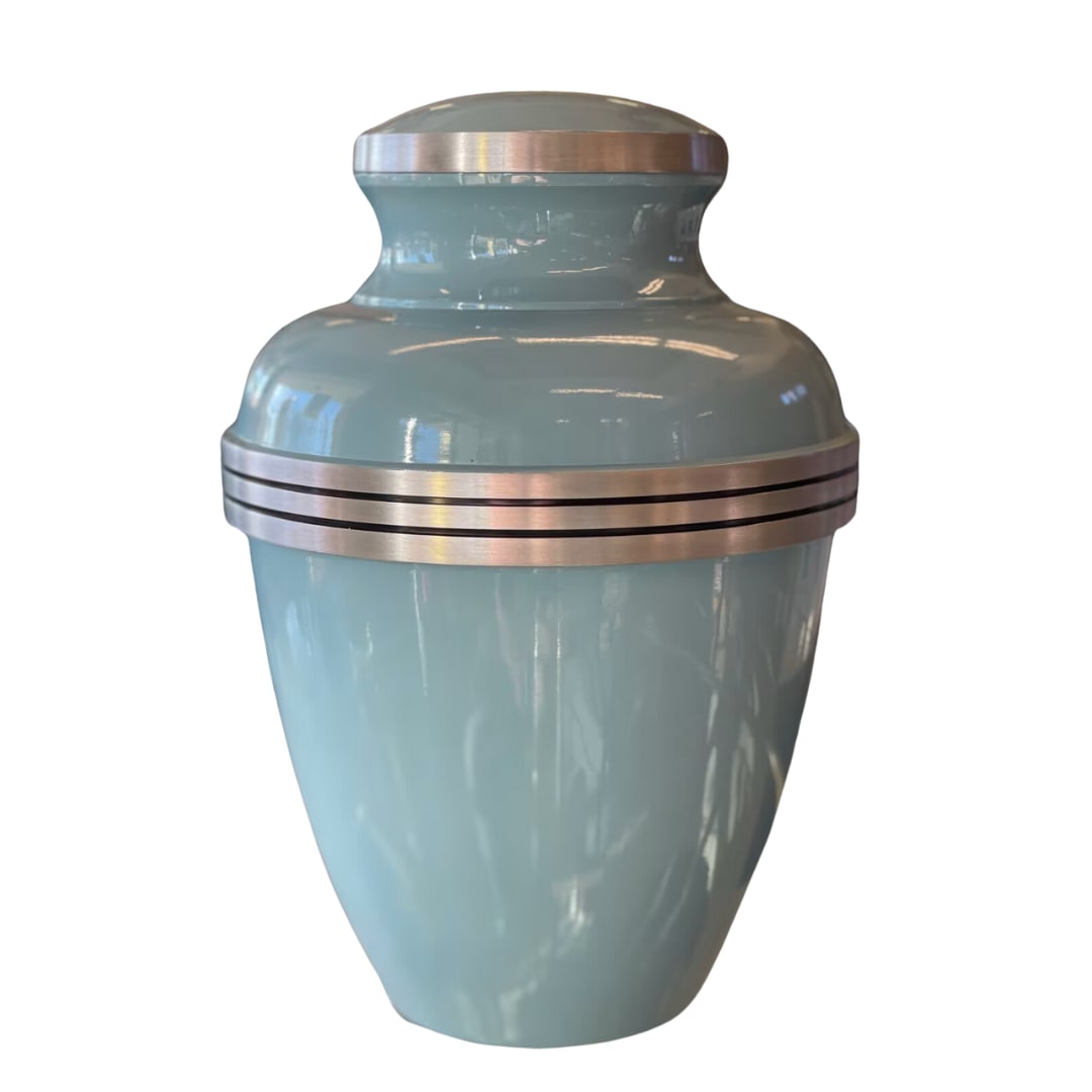 Light blue urn with silver bands and lid