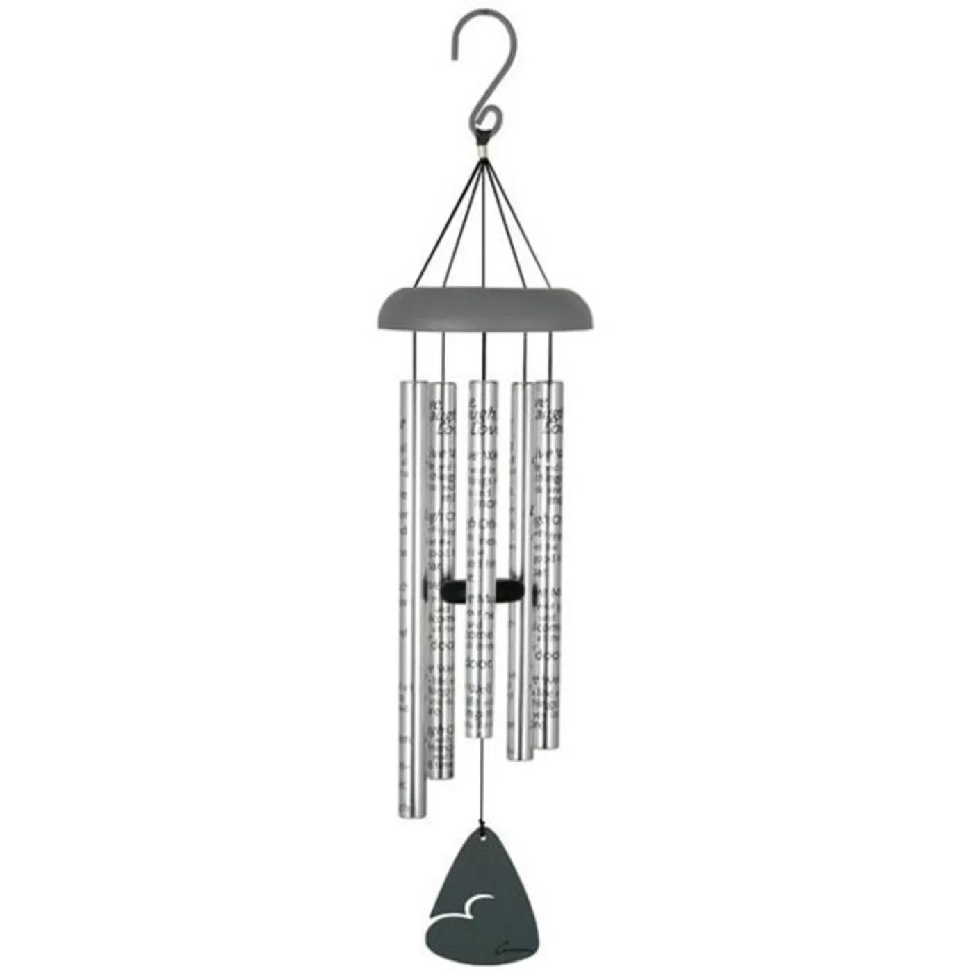 Metal wind chime with silver tubes and a dark hanging clapper