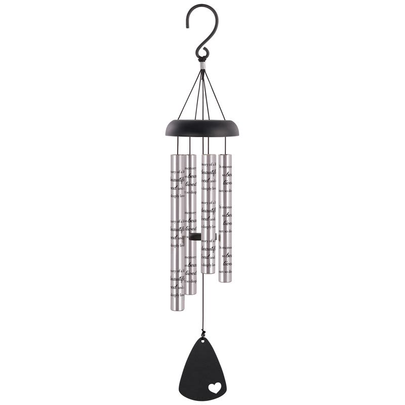 Black metal wind chime with silver tubes and a heart-shaped clapper