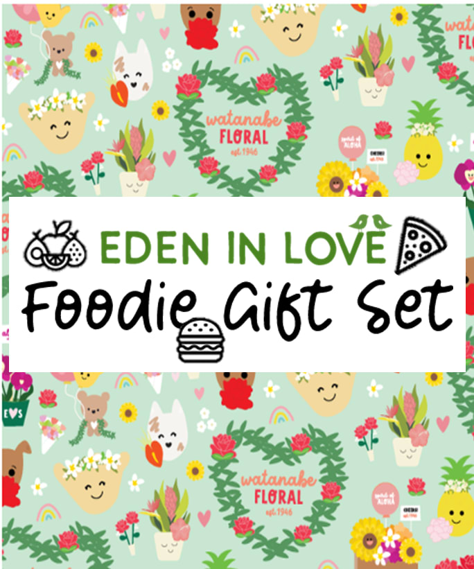 Colorful Eden in Love Foodie Gift Set graphic with smiling flowers, plants, and characters on a mint background