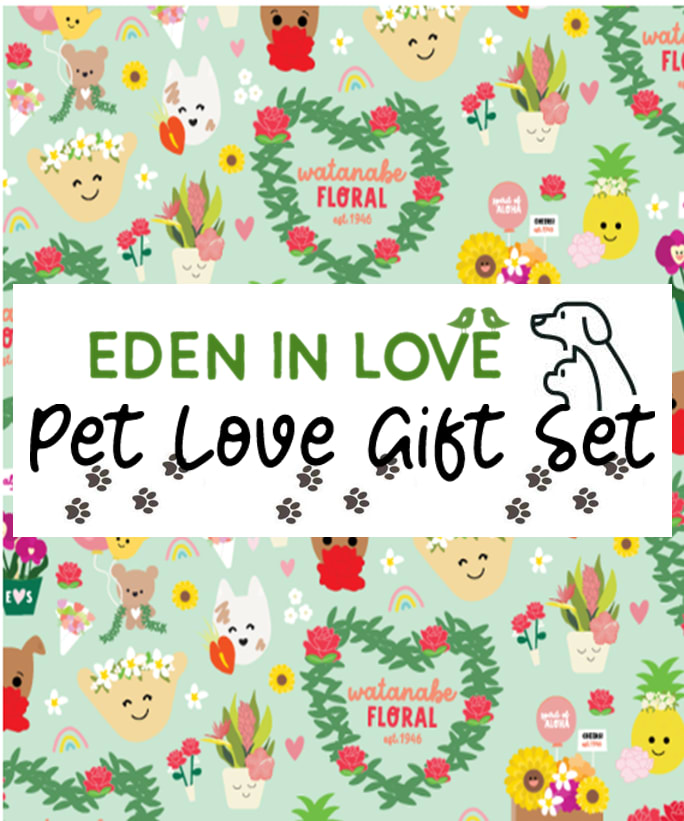 Colorful Pet Love Gift Set card with cartoon dogs, smiling flowerpots, hearts, and flowers on a mint green background