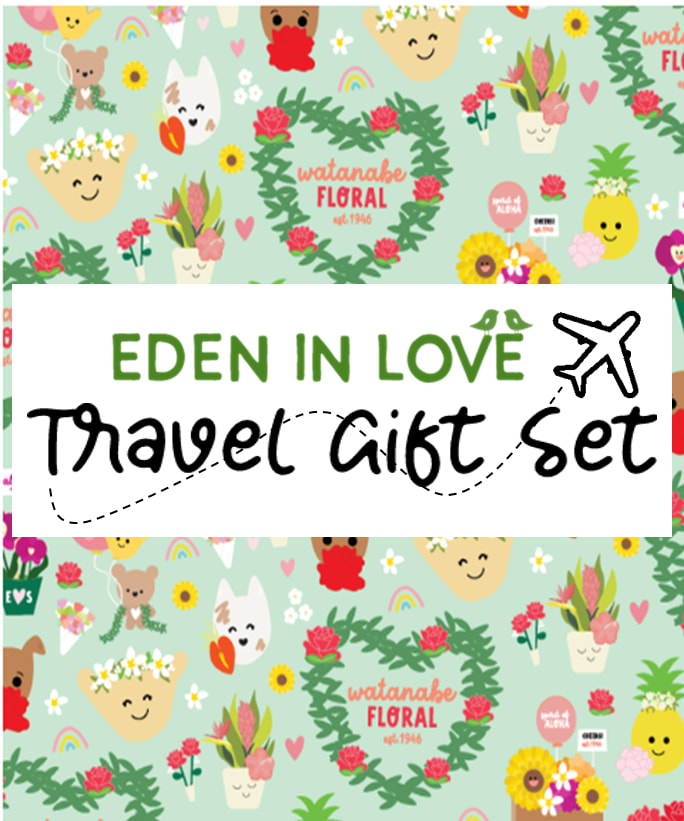 Colorful Eden in Love travel gift set graphic with smiling floral characters on a mint green background