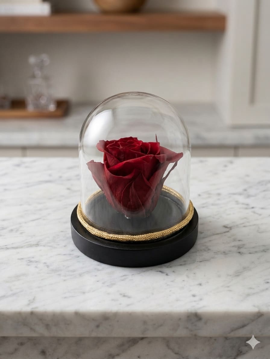 Red Mini Preserved Forever Rose - Enjoy the timeless beauty of a real, Red mini rose preserved to last for years without water or sunlight. This premium bloom is captured at its peak and elegantly displayed in a crystal-clear glass dome on a gold-accented matte black base.