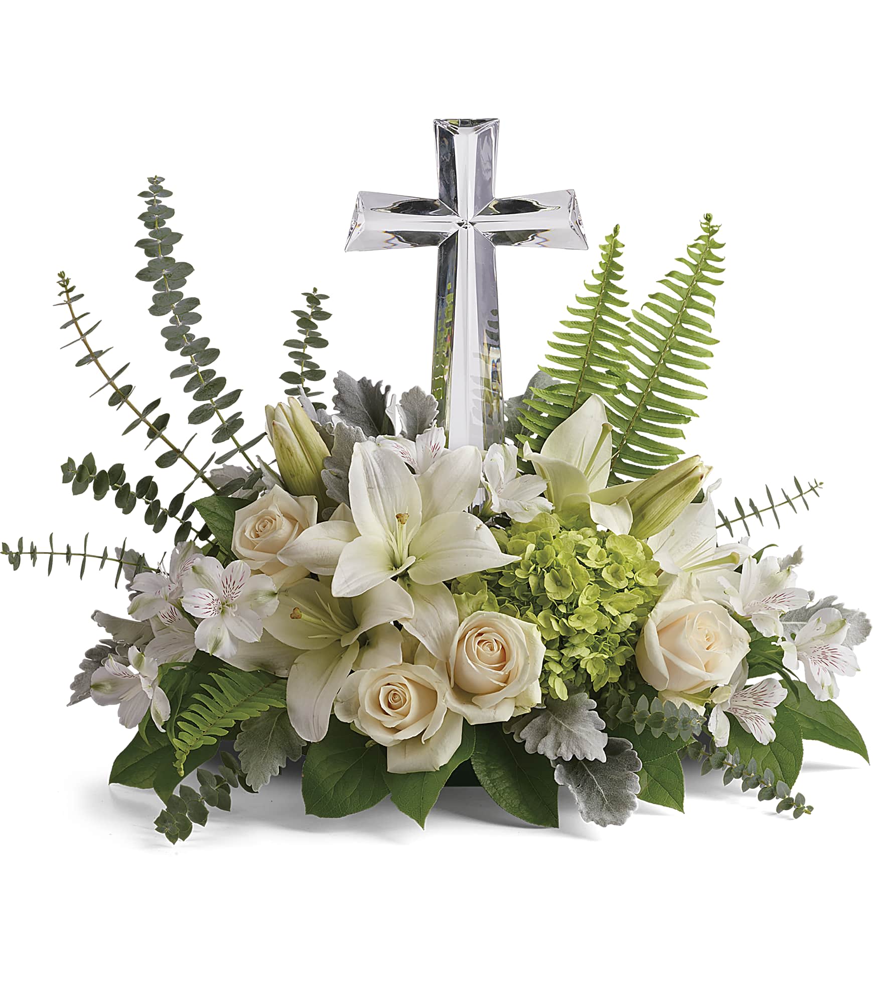 White floral arrangement with a silver cross centerpiece