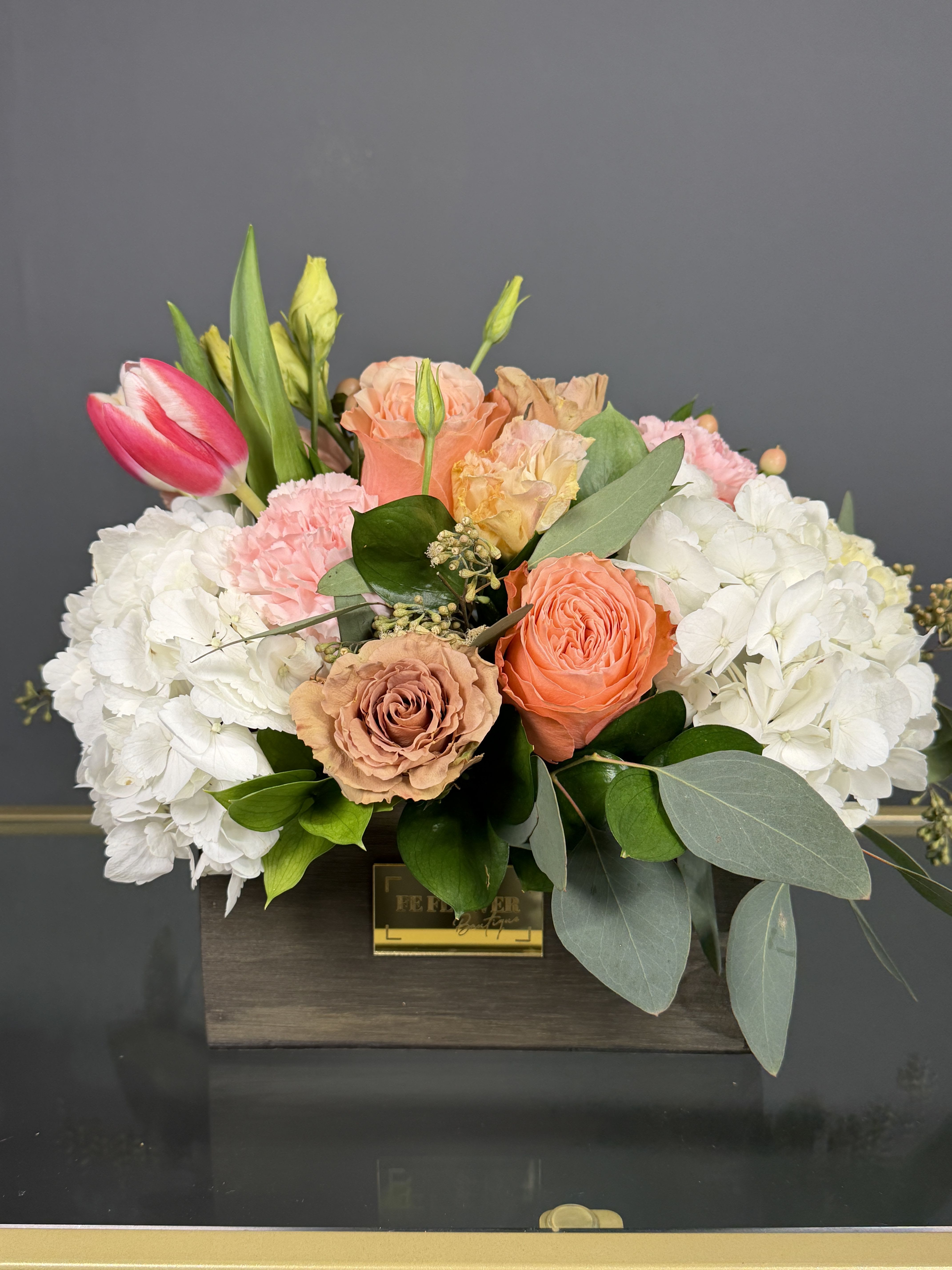 Sweet Peach Garden - A romantic combination of peach roses, pink tulips, and delicate textures, designed to bring warmth and elegance to any space.
