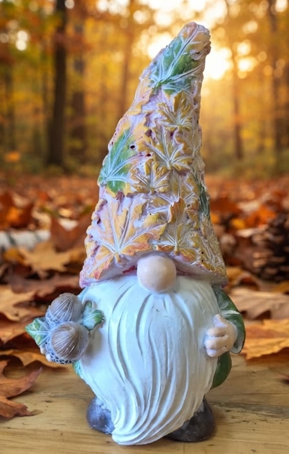 Decorative gnome figurine holding pinecones on an autumn background