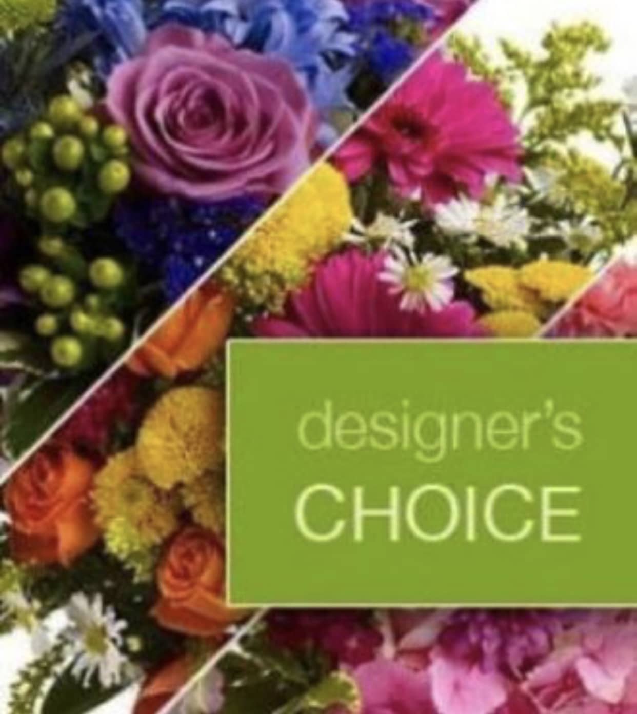 Collage of colorful mixed flower bouquets with a green "designer's CHOICE" label