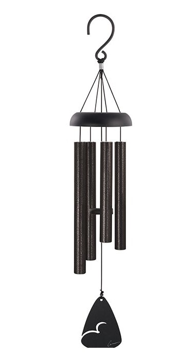 Black metal wind chime with hanging tubes and a clapper