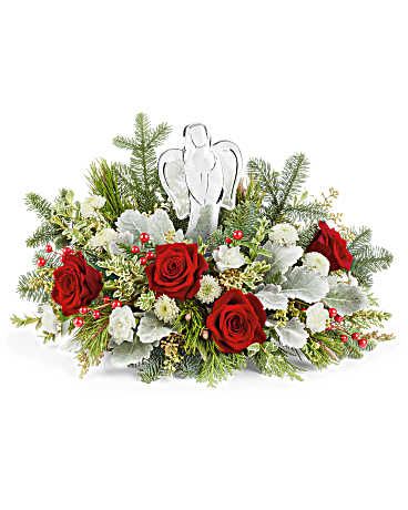 Joy to the World Bouquet - Celebrate the season with the Joy to the World Bouquet. Featuring red roses, snowy white blooms, and festive evergreens, beautifully arranged around a crystal keepsake angel. Perfect for Christmas, or a heartfelt holiday gift.