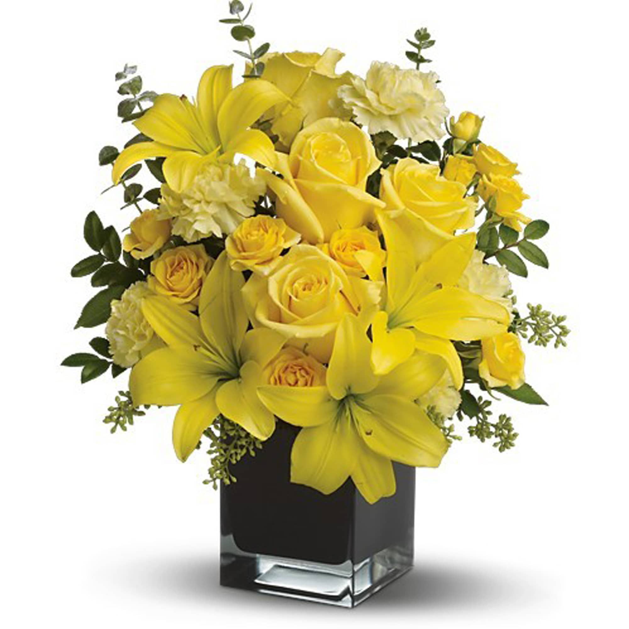 Teleflora's Ray of Sun - Create a place in the sun for your favorite friend or family member with this sunny array of bright yellow flowers in a stunning contemporary black glass cube vase. They'll be your sunshine from now on.    The cheerful bouquet includes yellow Asiatic lilies, yellow roses, yellow carnations and yellow spray roses accented with fresh greenery.    Delivered in a black contemporary glass cube vase.    Bouquet is approximately 15.5" H x 12.75" W    Orientation: All-Around    As Shown : TFWEB613