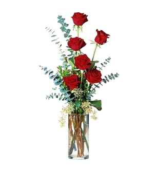 Tall vase arrangement of red roses with eucalyptus