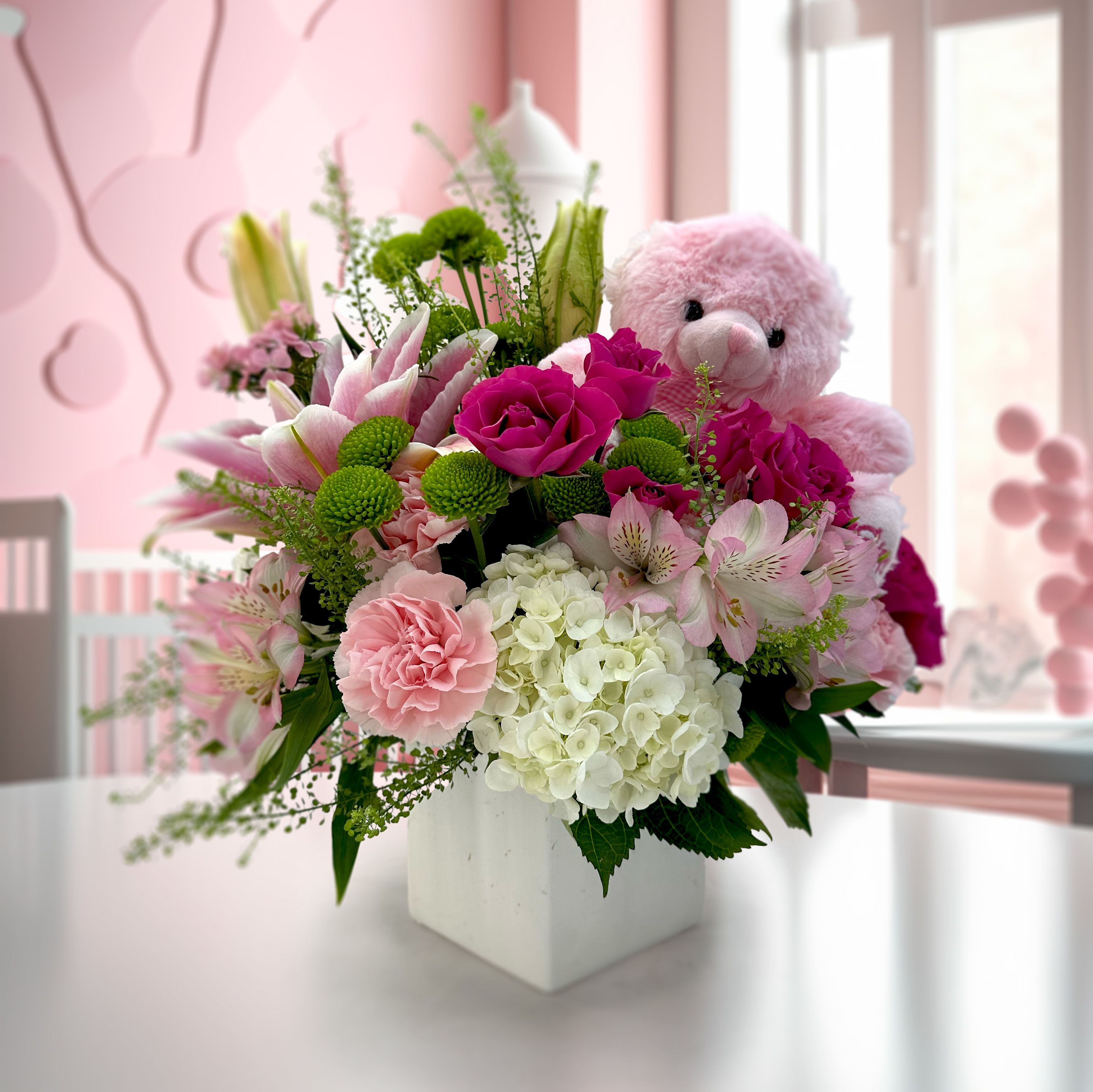 Bundle: Baby Girl! - Bouquet will arrive with a 9" pink plush teddy keepsake.