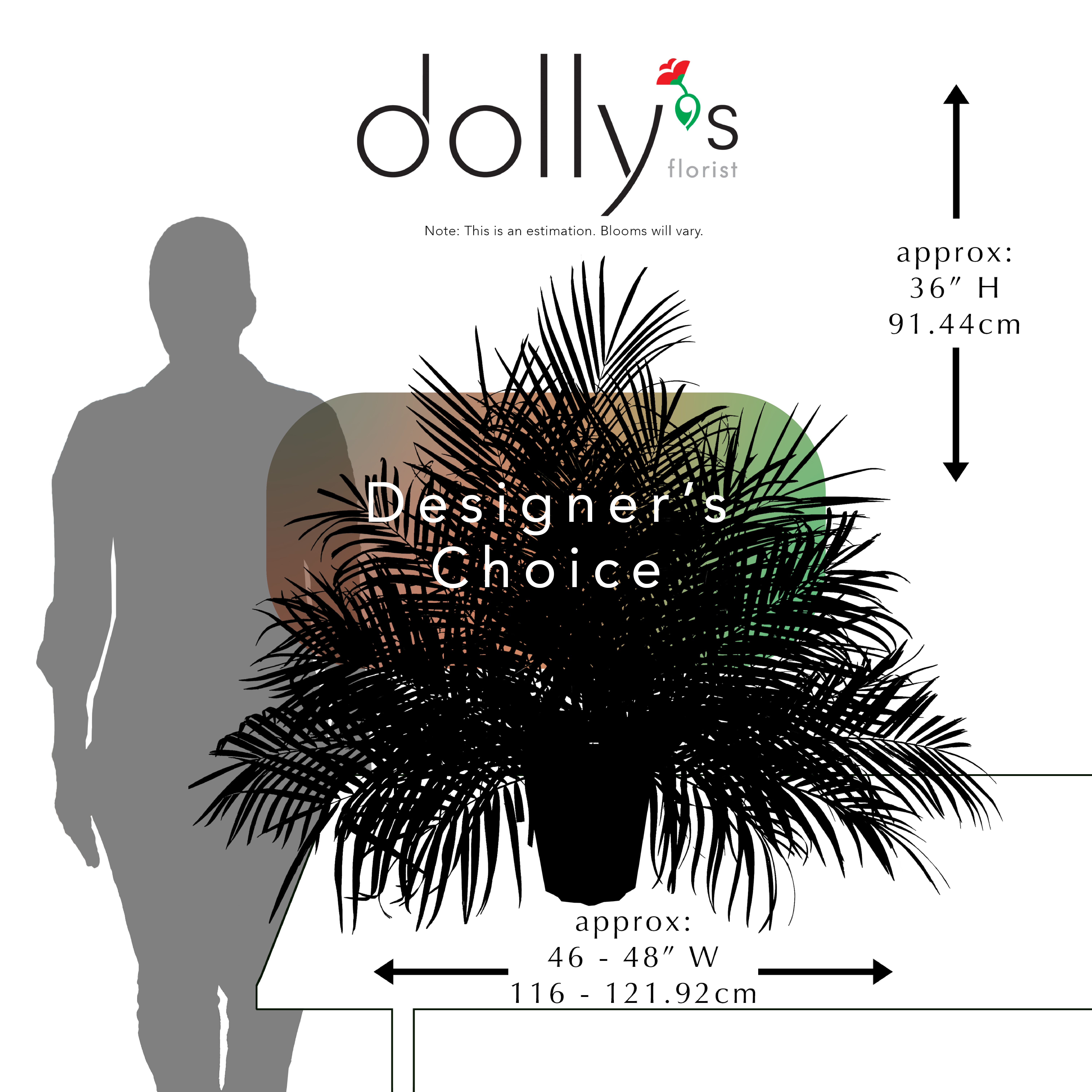 Large black tropical arrangement in a tall container with a size guide silhouette