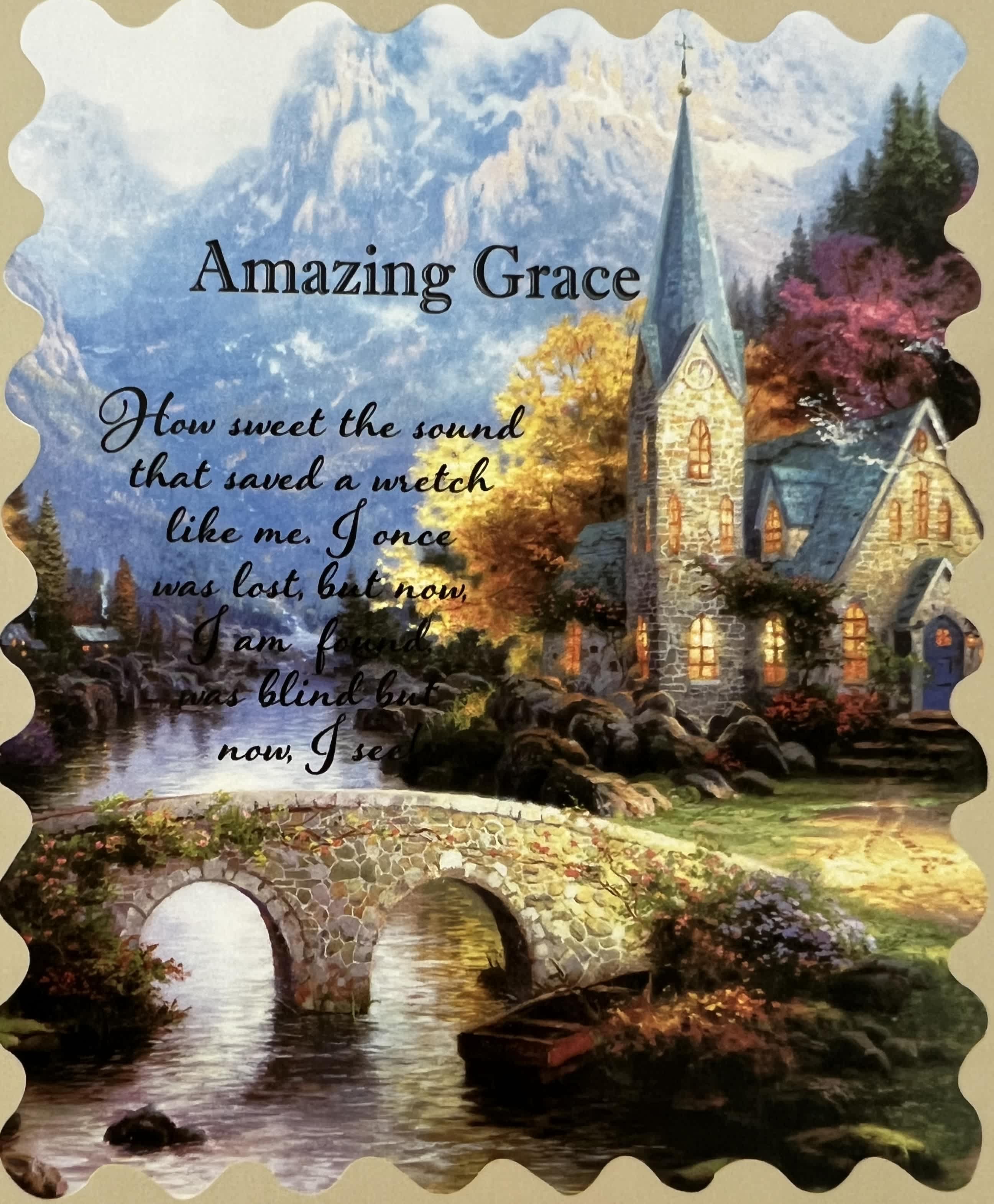 Decorative card with a church, bridge, and the words Amazing Grace