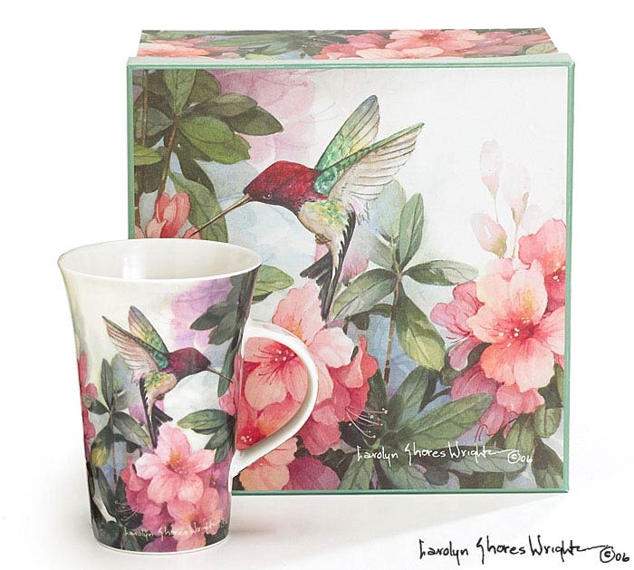 Floral hummingbird mug with matching gift box featuring pink blossoms and green foliage artwork