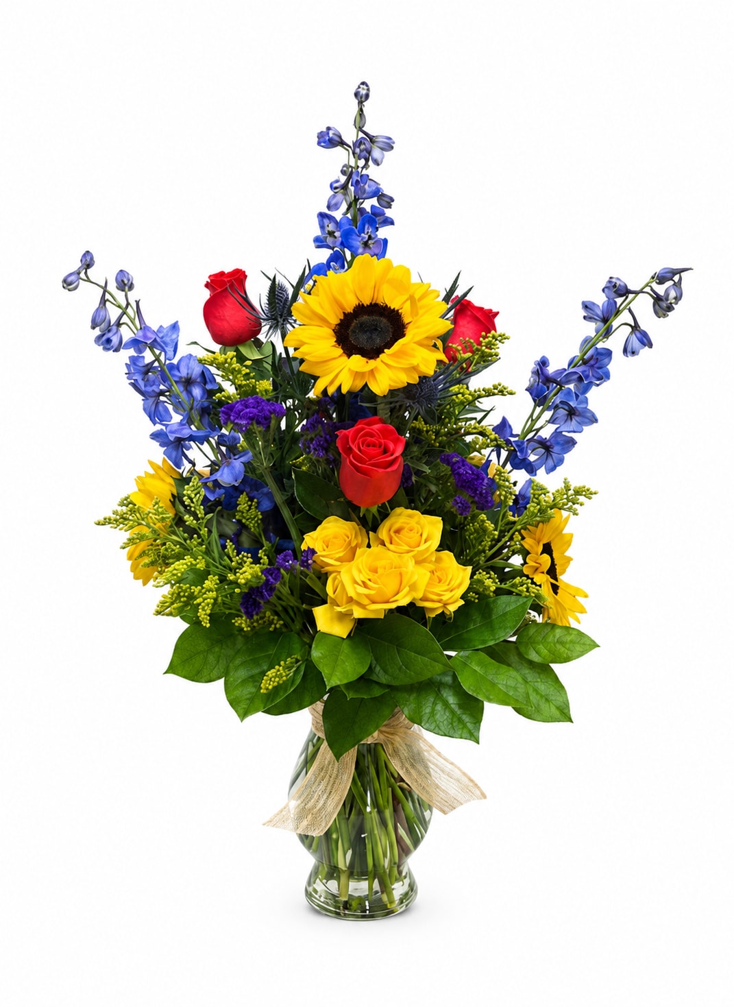 Feels Like Summer - Beautiful bright summer colors to get you going! Plus, a super cute container ;) Sunflowers, roses, spray roses, blue delph., buttons and more. Flowers and colors may vary depending on availability.   FCF-064