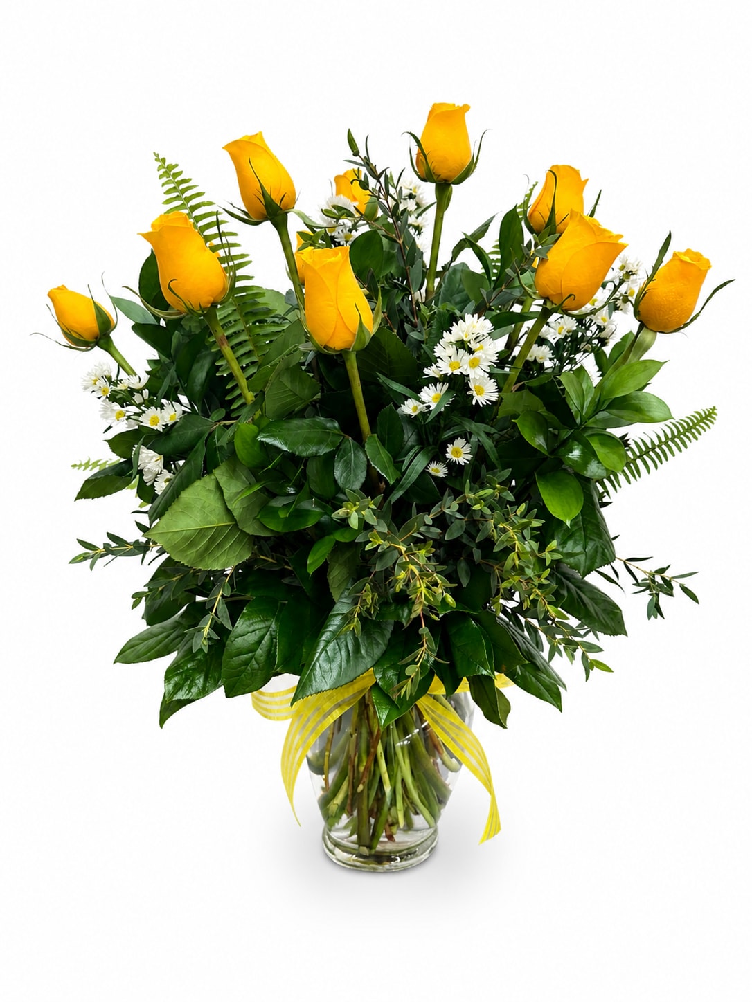Yellow Roses Long Stem - Brighten their day with cheerful yellow roses. Hand-arranged by our expert designers, this sunny bouquet features vibrant yellow roses complemented by lush greenery and delicate filler flowers, all beautifully presented in a classic vase. A perfect way to spread joy, friendship, and warmth.  Perfect for: Birthdays, Thank You gifts, Get Well wishes, Congratulations, Friendship celebrations, or just because.  Available Options:  Standard: 12 Yellow Roses Deluxe: 18 Yellow Roses Premium: 24 Yellow Roses