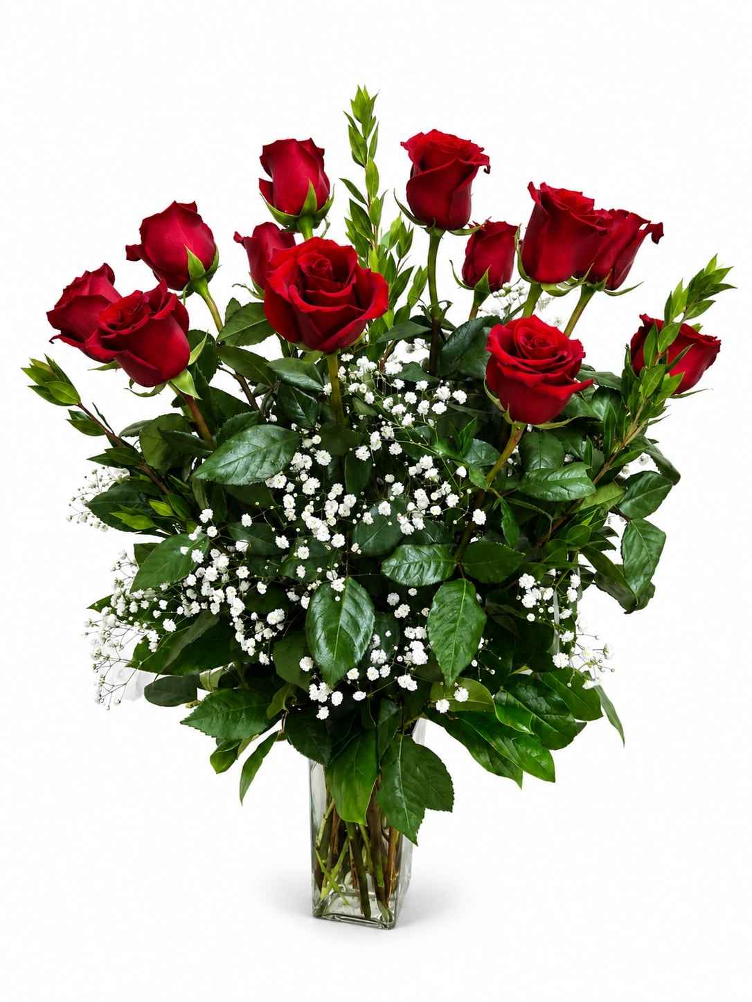 Red Roses Long Stem with Greenery &amp; Baby Breath - Celebrate love, passion, and timeless beauty with our Classic Red Romance arrangement, featuring elegant red roses accented with delicate baby’s breath and fresh greenery. This stunning bouquet is designed to make a heartfelt statement for anniversaries, birthdays, romantic occasions, celebrations, or simply to show someone special you care.  Handcrafted with fresh blooms and a classic style, this arrangement brings a touch of romance and sophistication to any space.  Fresh flower delivery available in: Smyrna, Marietta, Mableton, Austell, Powder Springs, and Atlanta, Georgia.