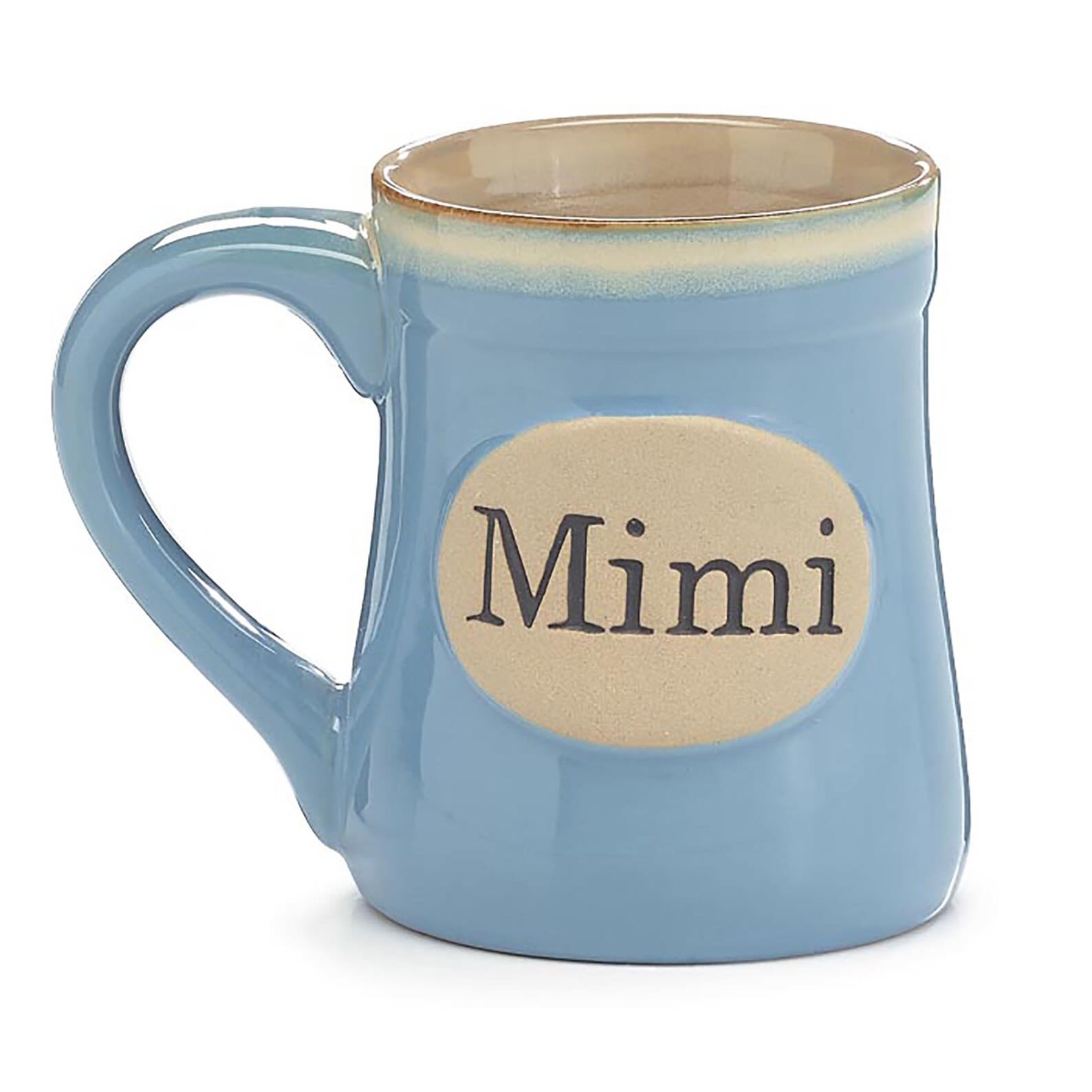 Blue ceramic mug with the word "Mimi" on the front