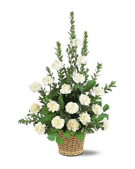 White carnations in a woven basket with tall greenery