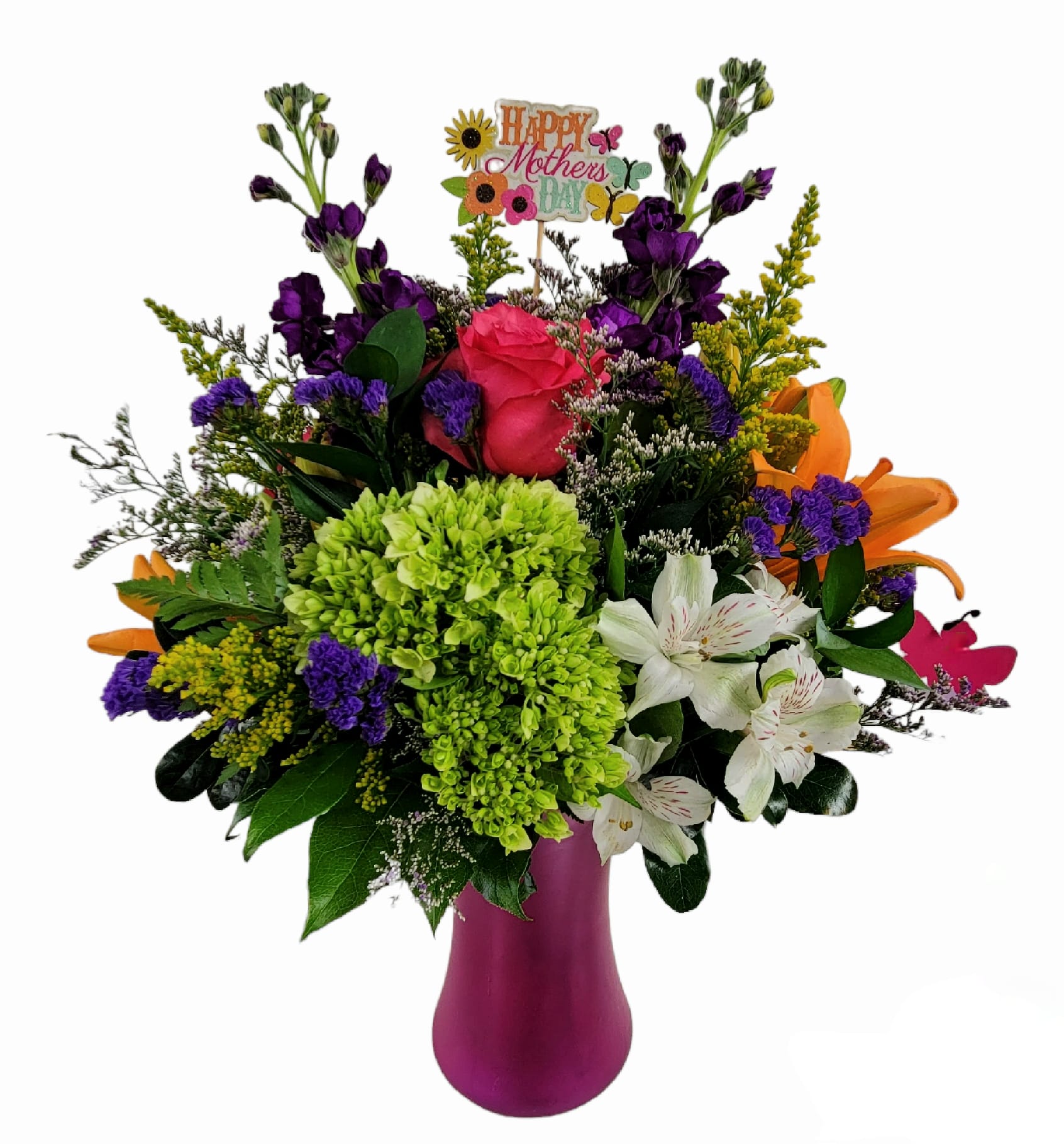 Momtastic - We have the perfect arrangement for your Fantastic Mom! It's a vibrant mix of flowers including hydrangea, lilies, roses, stock and more designed in a pearlized vase and topped off with a wooden Mother's Day pick. Please note the vase color could be green, purple or green as you will see in the pictures. 