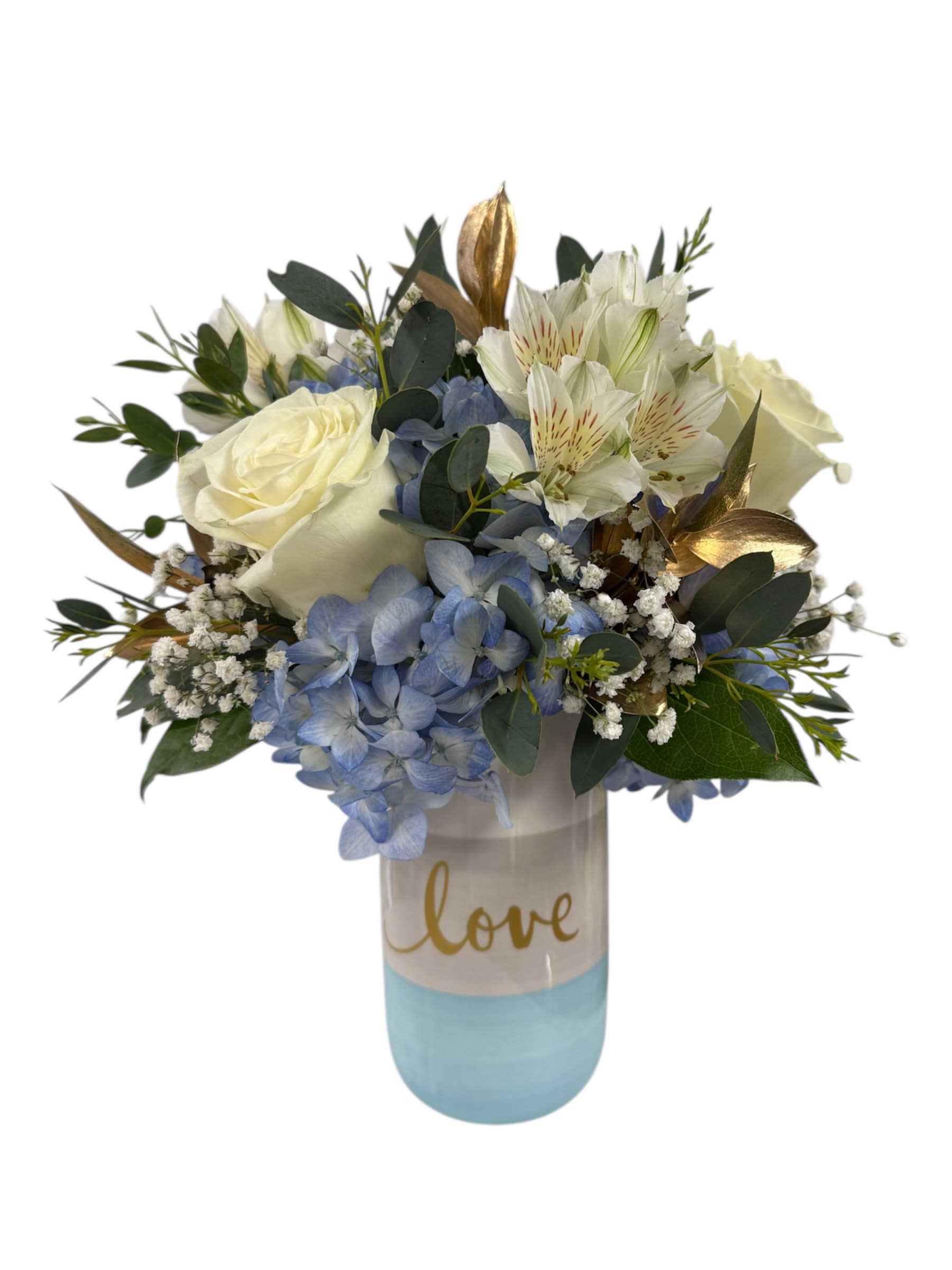 White roses and blue hydrangeas in a blue vase with "love" text
