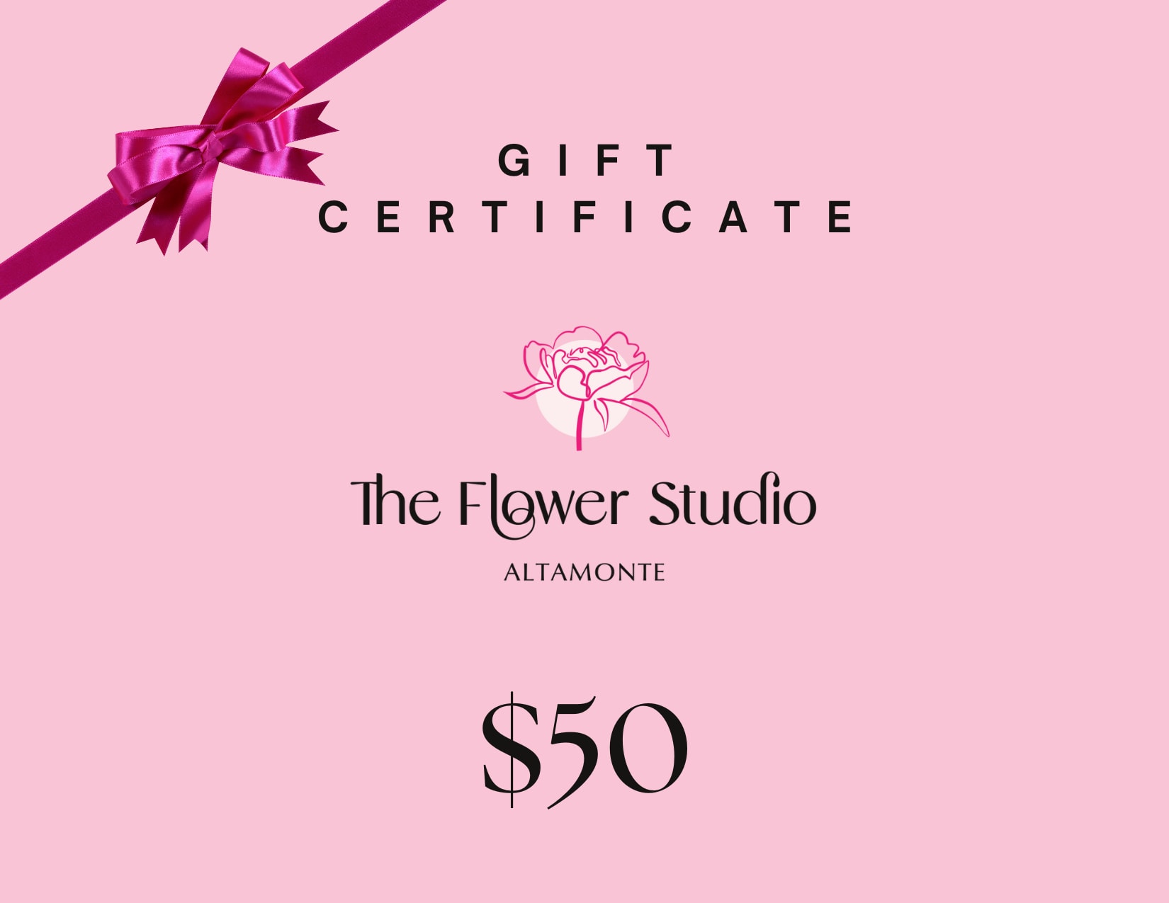 Pink gift certificate with a ribbon bow and flower studio logo