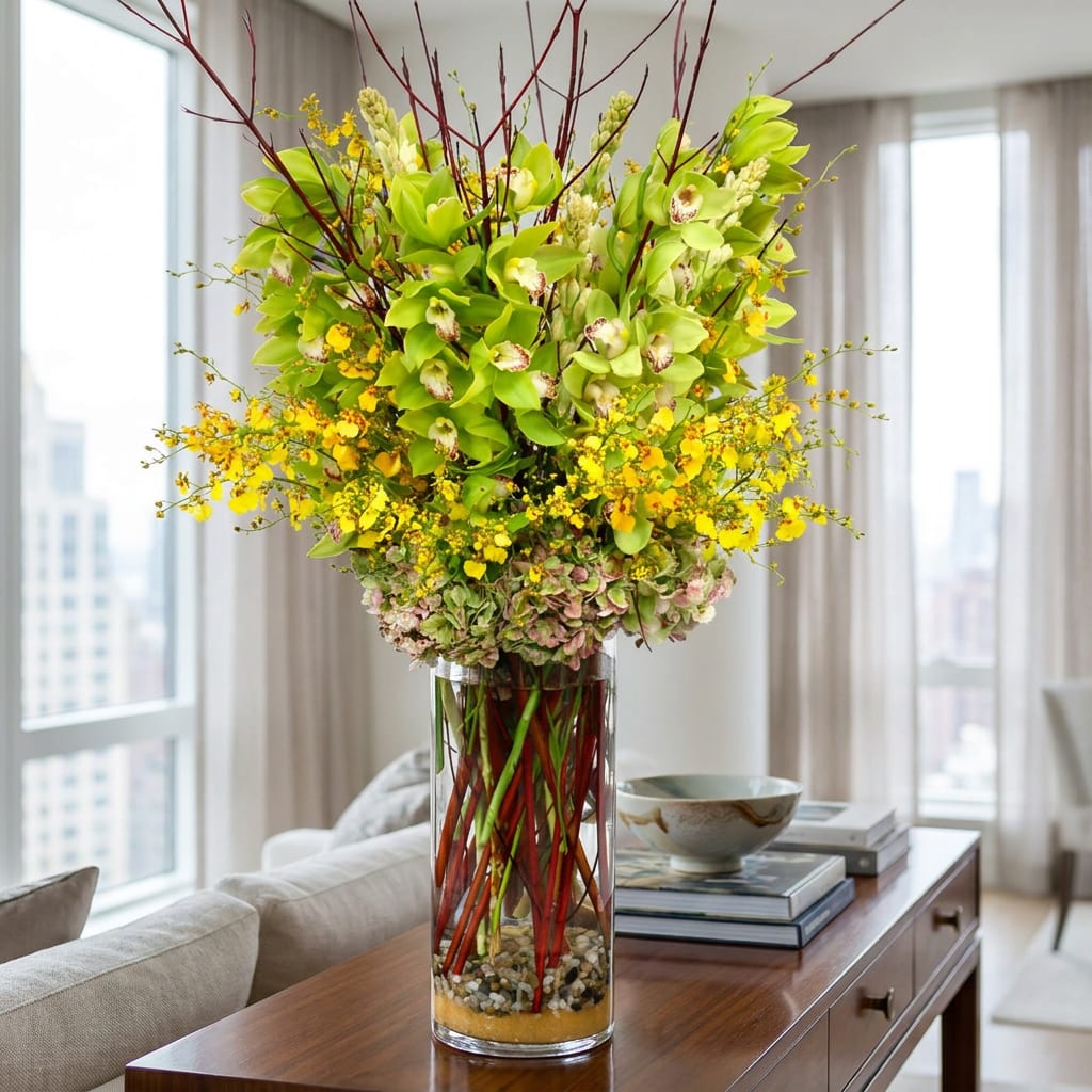 Tall vase arrangement with green orchids and yellow flowers