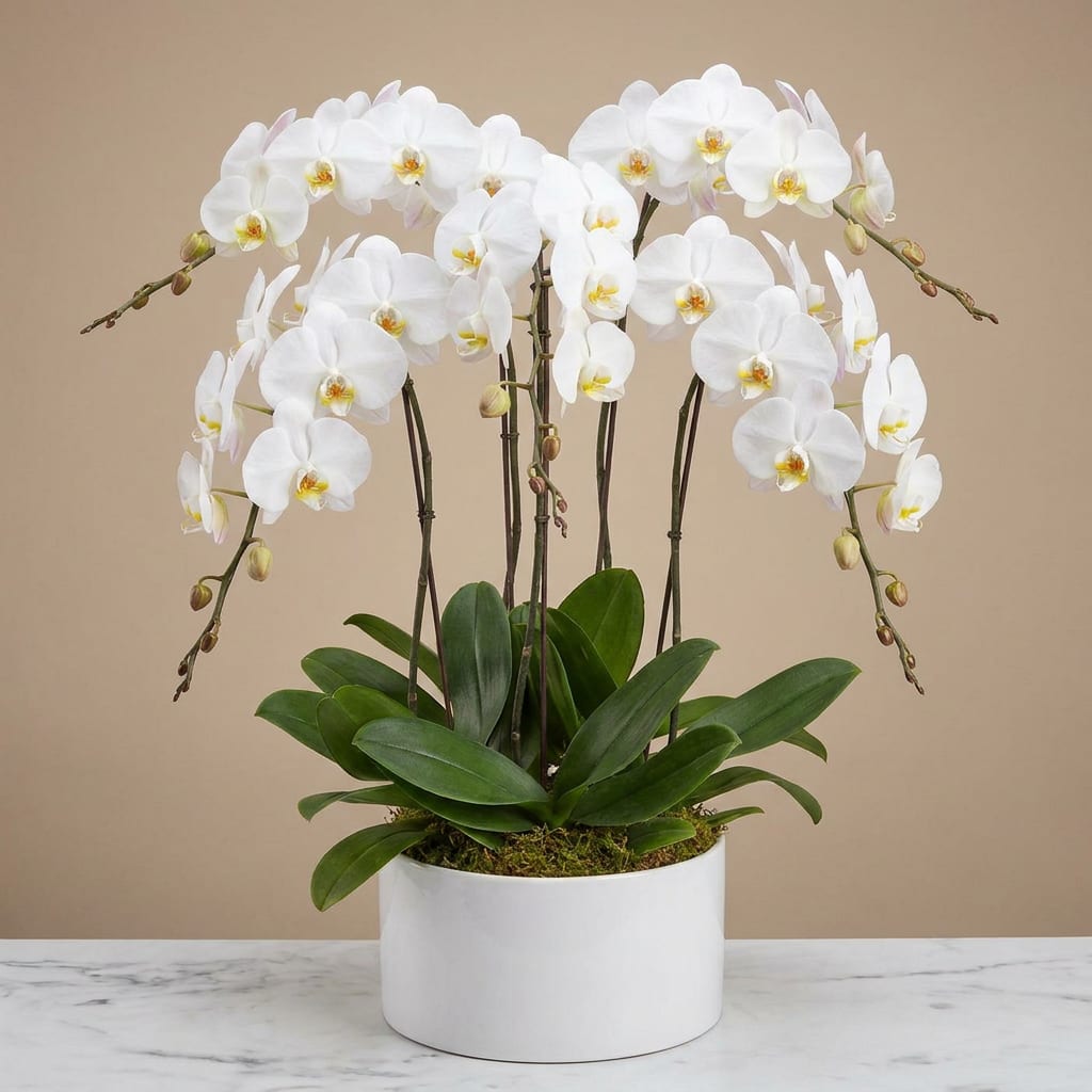 White orchid plant in a white pot